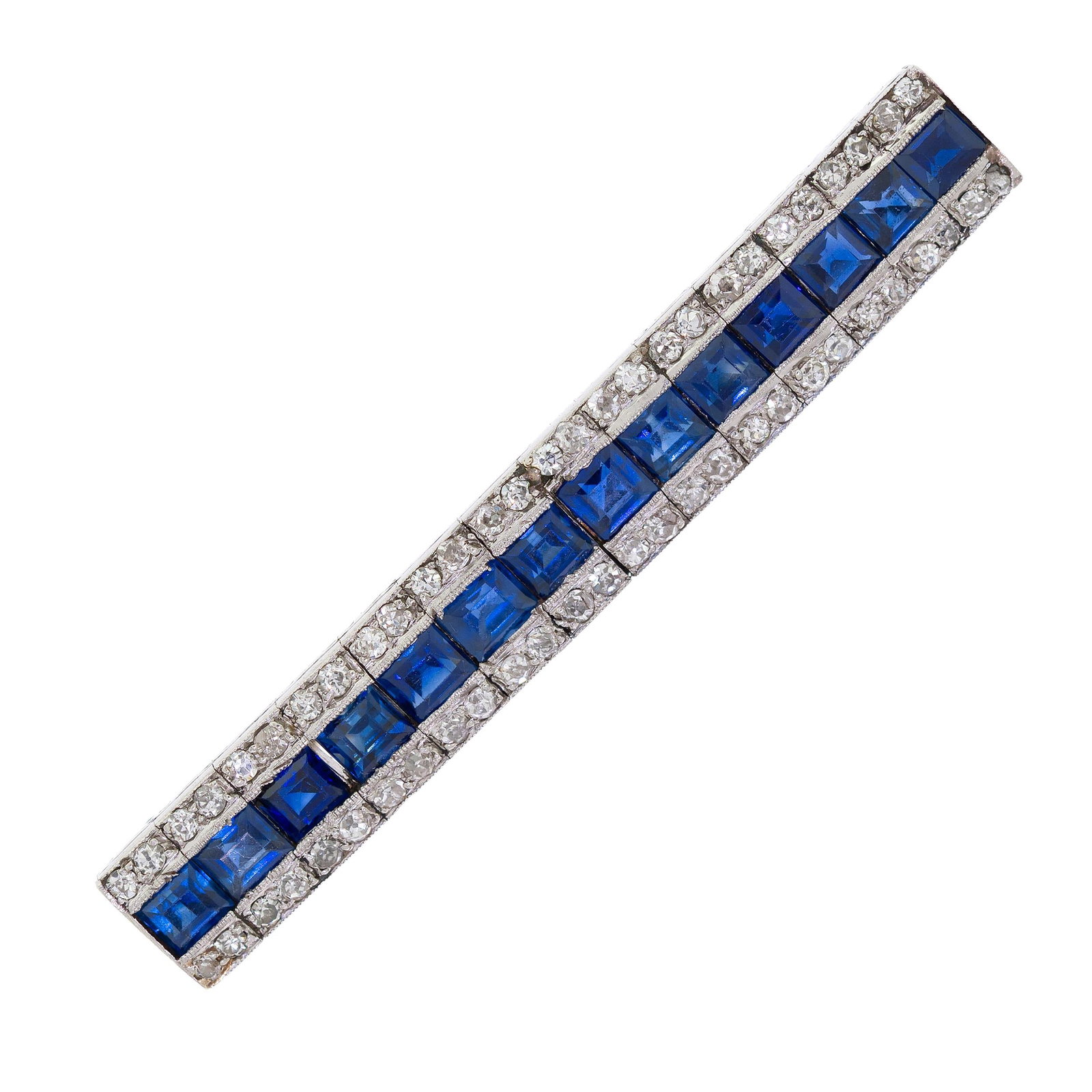 ART DECO PLATINUM BLUE SAPPHIRE & DIAMOND BAR PIN.: An Art Deco, platinum (tested) bar pin set with approx. 4.0 ct. tw., square step cut, medium-dark blue sapphires and approx. 1.12 ct. tw., Old European, single cut, natural diamonds of H-I color and V