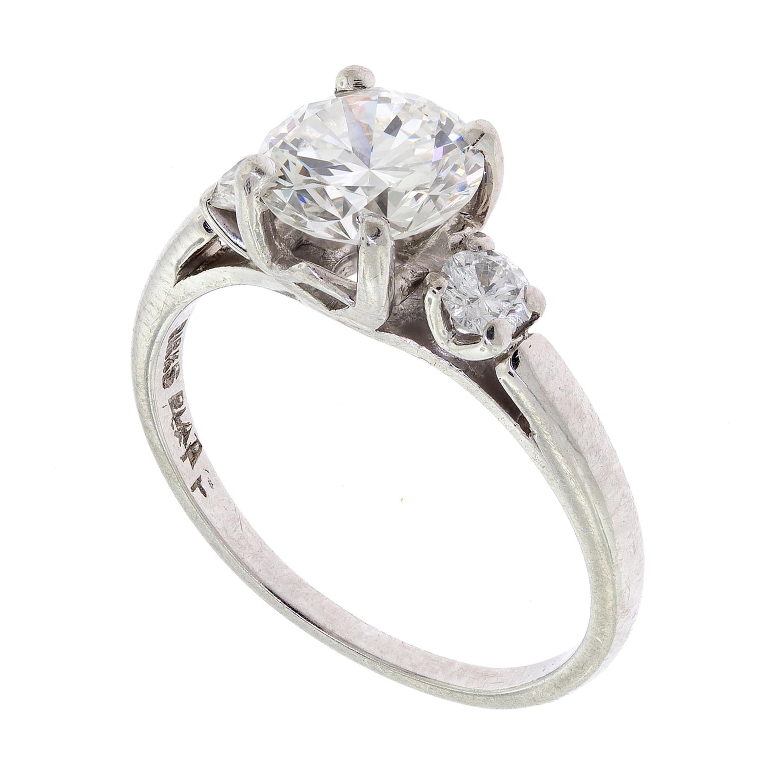 SIGNED BIRKS PLATINUM DIAMOND ENGAGEMENT RING.: A signed Birks, platinum engagement ring set with an approx. 1.22 ct. round brilliant cut, natural diamond of G color and VVS clarity, measuring, 6.94-6.96 x 4.15mm deep, set with approx. .20 ct. tw. 