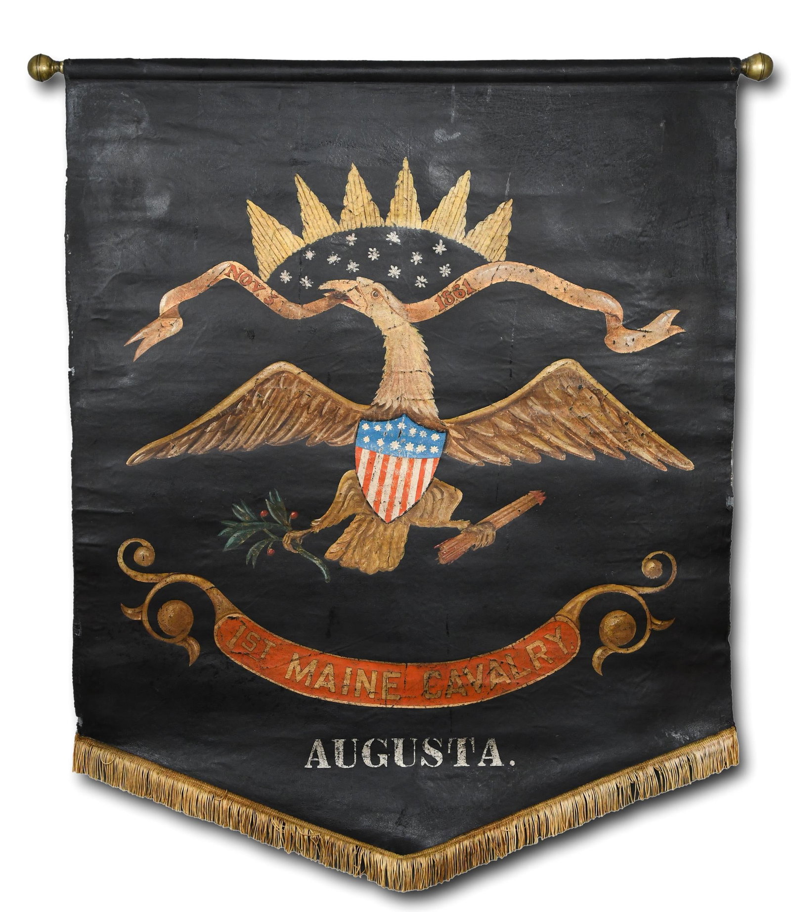 1861 CIVIL WAR BANNER, 1ST MAINE CAVALRY.: A rare 1861 painted leather Civil War chevron shaped presentation banner, polychrome painted, depicting a patriotic eagle with a shield 'Nov. 3, 1861 1st Maine Cavalry Augusta', with tassels on bottom