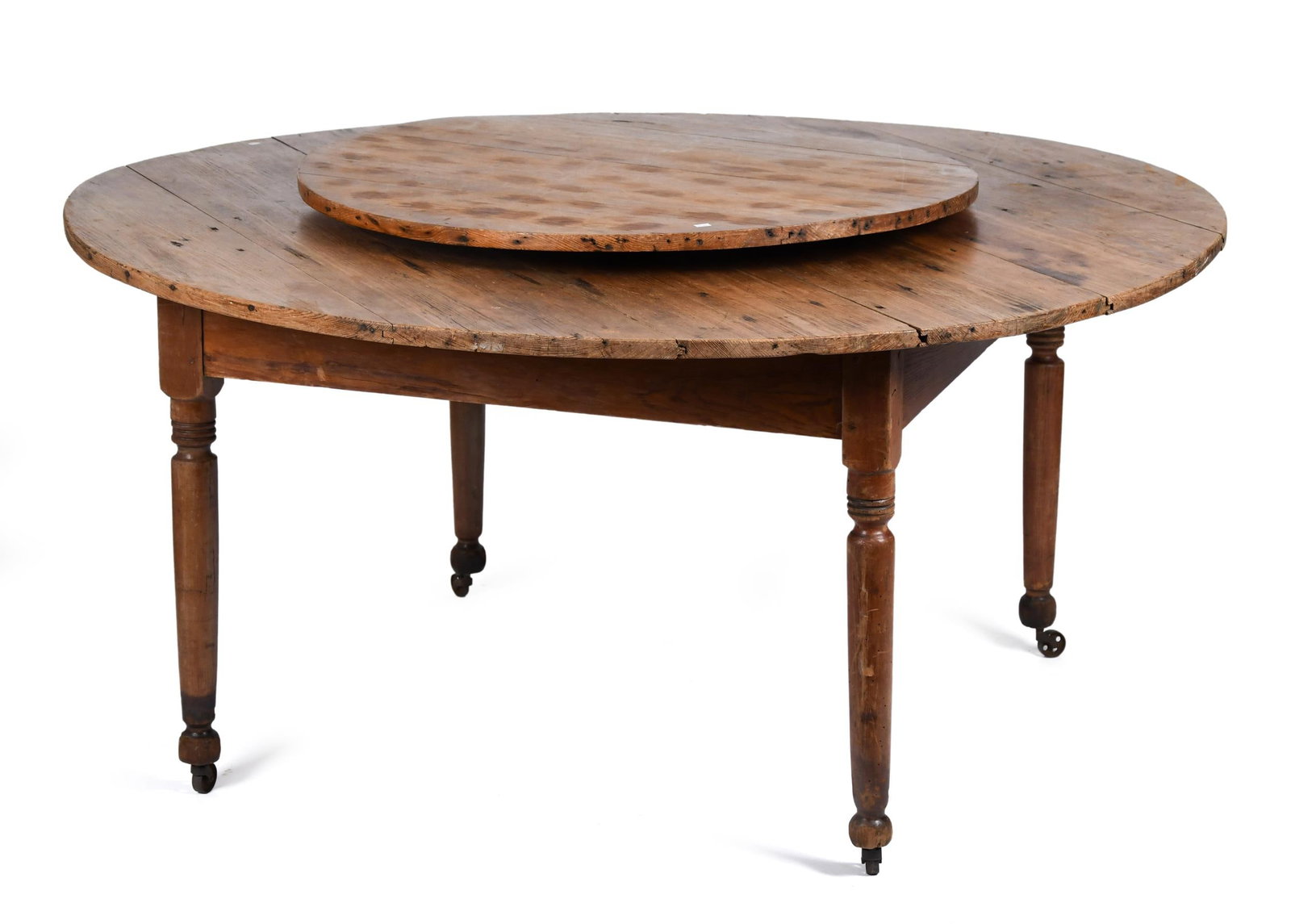 19TH C. SOUTHERN LAZY SUSAN TABLE, FOUND IN GEORGIA.: A ca. 1850 American hard pine and river birch plantation table, believed to have been made at a southern plantation in Georgia. Composed primarily of hard pine, having a wrought iron cruciform-braced 
