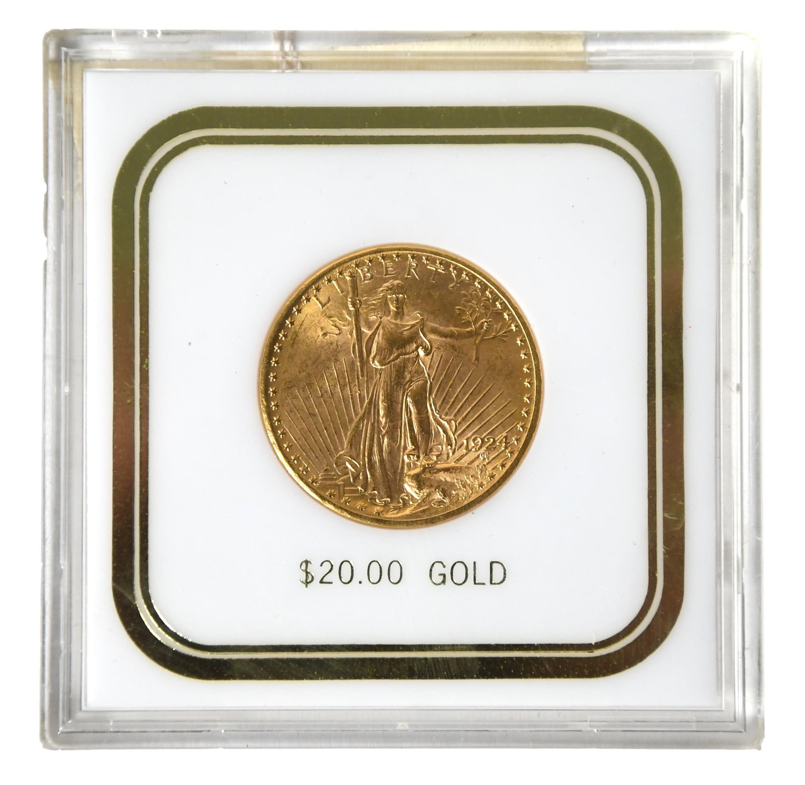 1924 ST GAUDENS 20 DOLLAR DOUBLE EAGLE GOLD COIN.: A 1924 Saint Gaudens $20 gold coin in a plastic holder.