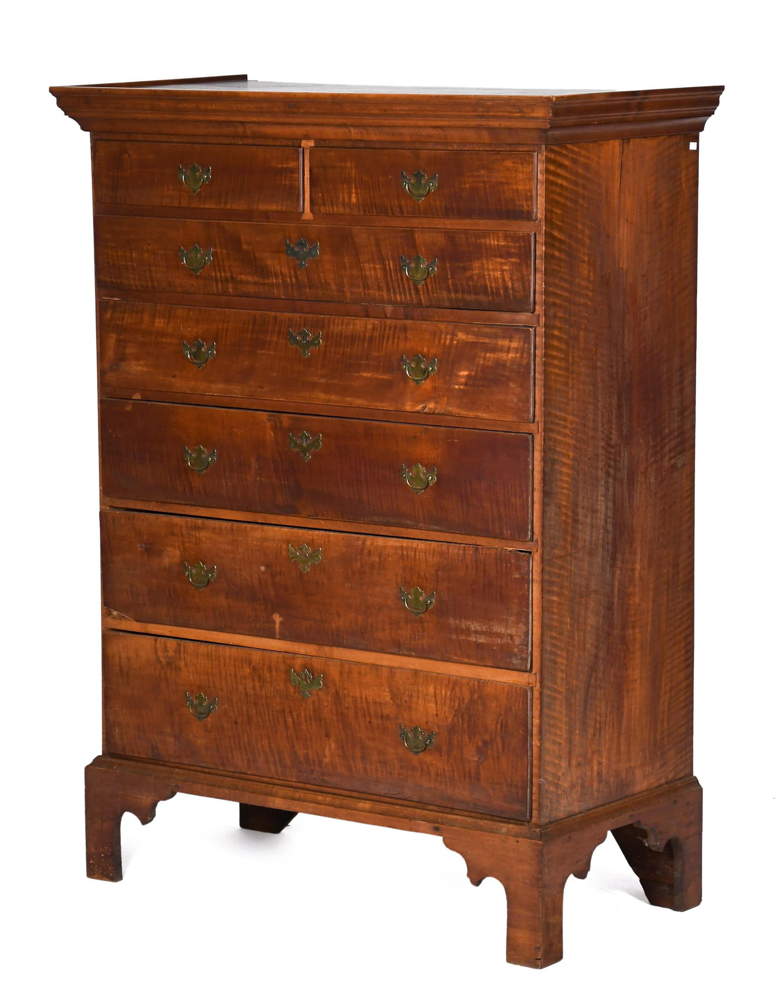 18TH C. RHODE ISLAND TIGER MAPLE TALL CHEST.: A ca. 1780 Rhode Island Chippendale tiger maple tall chest with chestnut secondary wood, an arrangement of two small over five graduated dovetailed drawers, each with period brass, on a bracket base. 