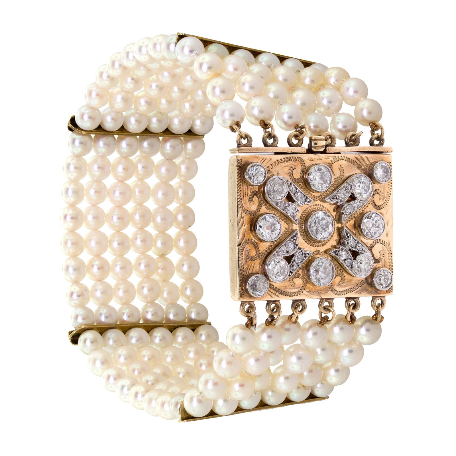 VINTAGE 14K GOLD SIX-STRAND PEARL & DIAMOND BRACELET.: A vintage, 14k yellow gold (stamped), six-strand pearl bracelet set with approx. 1.85 ct. tw., Old Mine, Old European and single cut, natural diamonds of H-I-J color and VS-SI-I clarity, cultured, whi