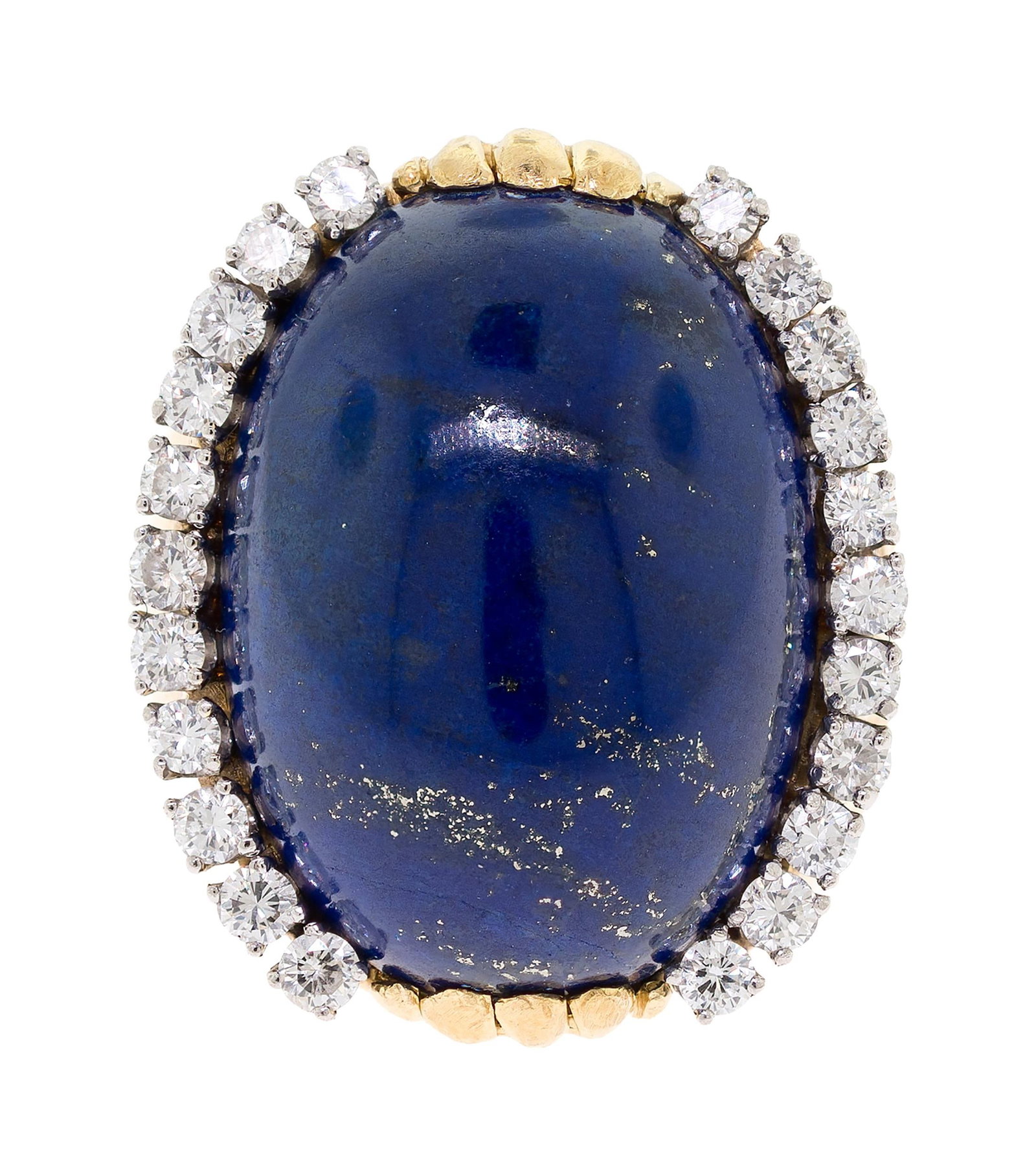 VINTAGE HONORA 18K GOLD LAPIS & DIAMOND RING.: A vintage Honora signed, 18k yellow gold (stamped) ring set with a lapis cabochon, 24 x 17.5 x 11.5mm deep and approx. 1.5 ct. tw., round brilliant cut, natural diamonds of G-H color and VS clarity.