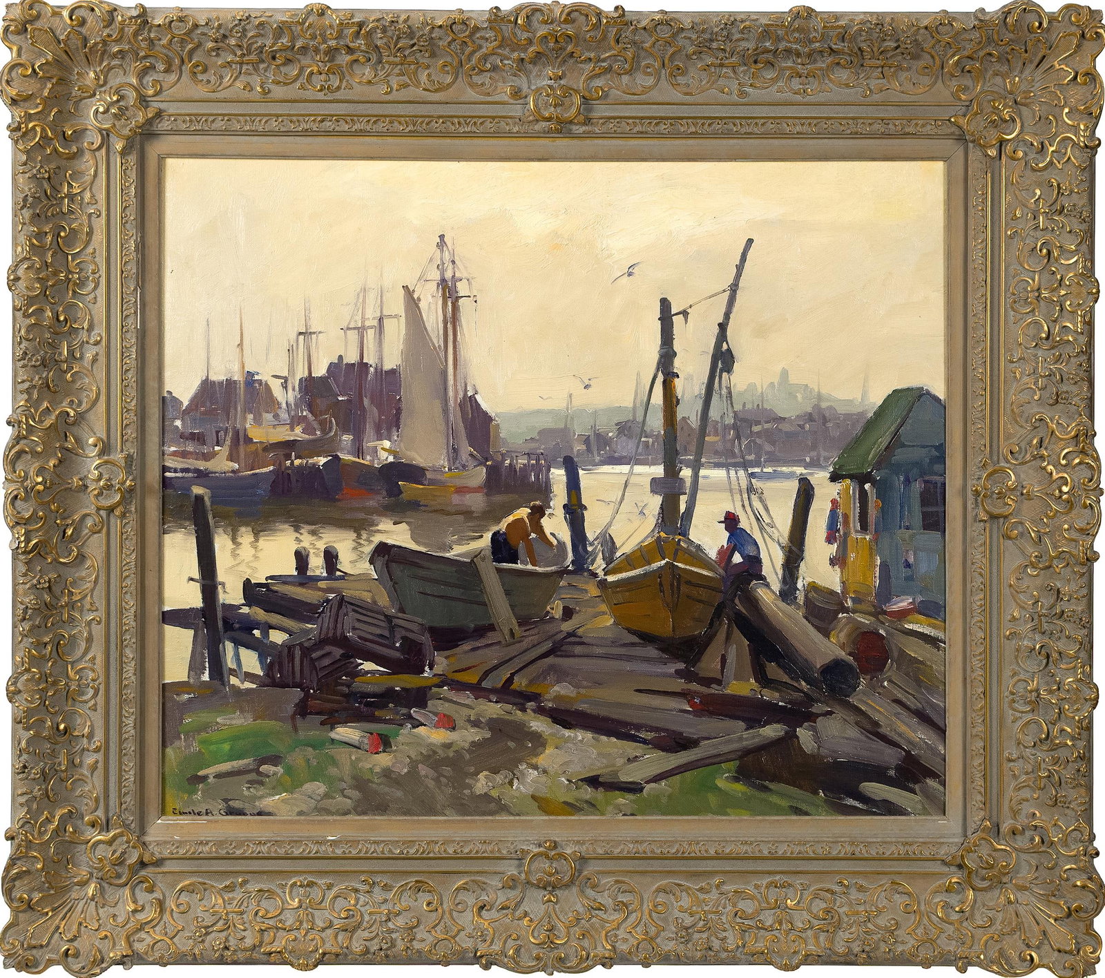 EMILE GRUPPE OIL, HARBOR SCENE.: An Emile Gruppe (1896-1978) oil on canvas, harbor scene with dockworkers, signed lower left, Emile A. Gruppe. Image 24” x 29.5”, Frame 35.5” x 40.5”.