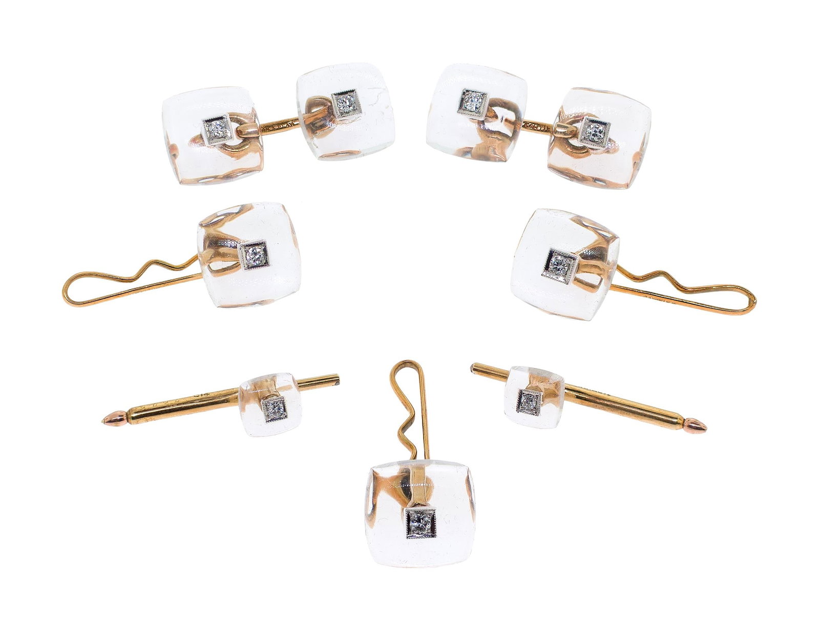 ANTIQUE CARTIER 14K GOLD ROCK CRYSTAL DRESS SET.: An antique Cartier signed, 14k yellow gold and platinum (stamped), square, rock crystal dress set. Including two cufflinks, three vest studs and two shirt studs set with approx. .50 ct. tw., round bri