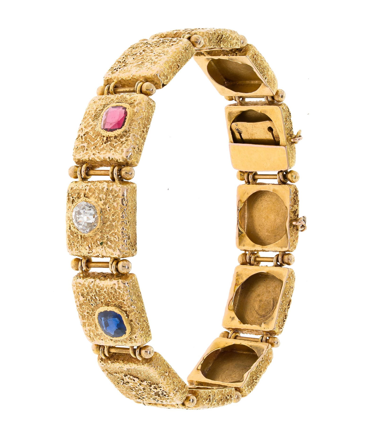 VICTORIAN 14K GOLD BRACELET W/ DIAM. RUBY & SAPPH.: A Victorian, 14k yellow gold (tested) textured, square link bracelet set with an approx. .50 ct., Old Mine cut, natural diamond of F-G color and VS clarity and approx. .45 ct., antique round, medium d