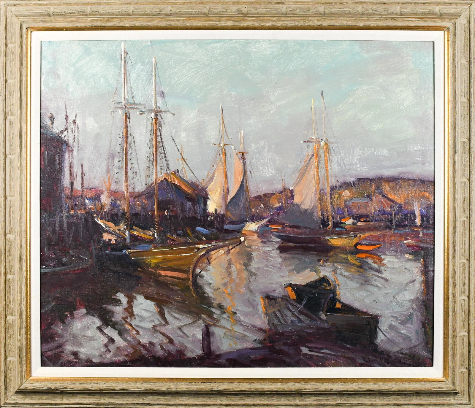 ROBERT GRUPPE OIL, HARBOR SCENE.: Robert C. Gruppe (b. 1944) oil on canvas, harbor scene, signed lower right Robert Gruppe. Canvas 25” x 30”, Frame 31” x 36”.