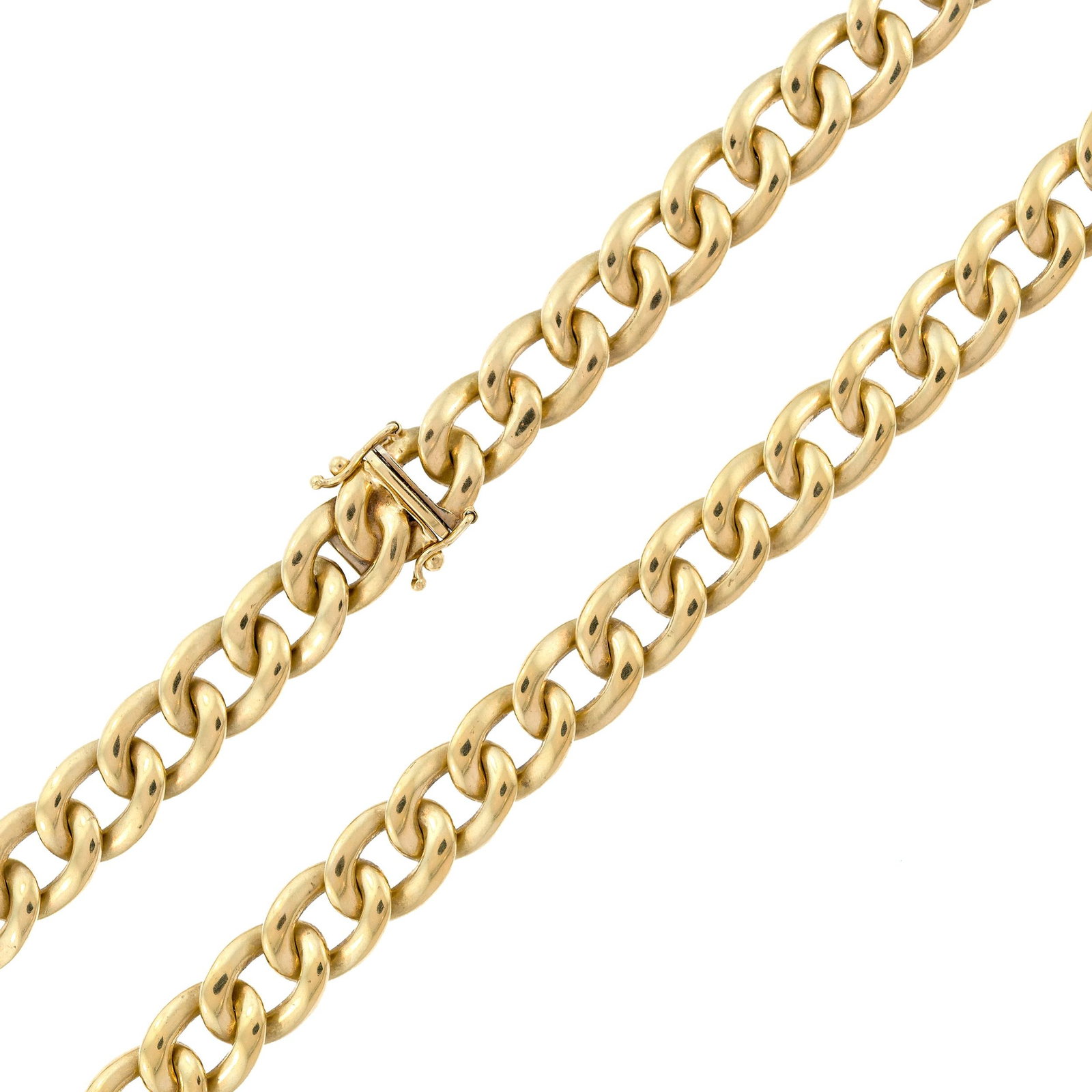 14K GOLD ITALIAN CURB STYLE CHAIN NECKLACE.: An Italian, 14k yellow gold (stamped) curb chain necklace, 10mm wide, 16 inches long, 40 grams.