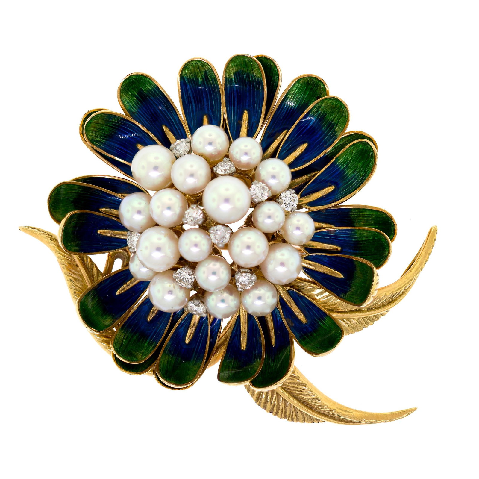 VINTAGE 18K GOLD ENAMEL, PEARL & DIAMOND FLOWER PIN.: A vintage, 18k yellow gold (tested), blue and green enamel flower pin with articulated petals that open and close set with round, white, cultured pearls with pink orient and excellent luster, 3-5mm di