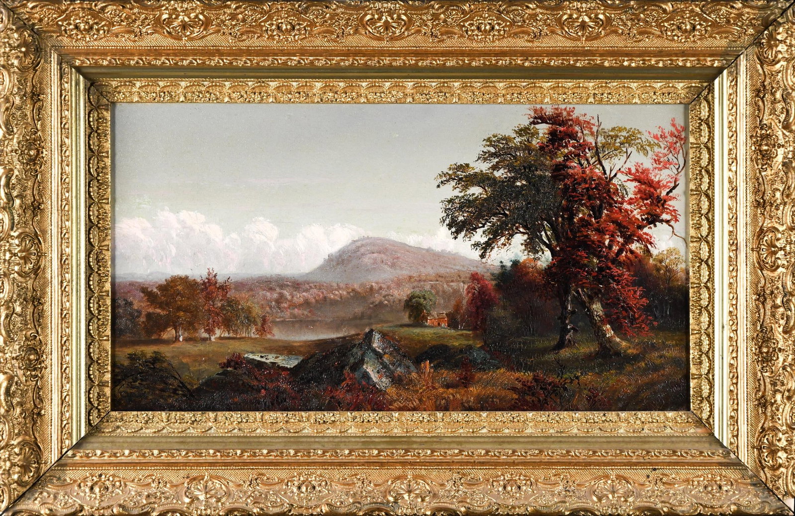 GEORGE NELSON OIL, RIVER VALLEY LANDSCAPE.: George Nelson Cass (1831-1882) oil on canvas, river valley landscape with autumn trees and cottage, signed lower left G.N. Cass. Canvas 10.5” x 20”, Frame 17” x 26”.