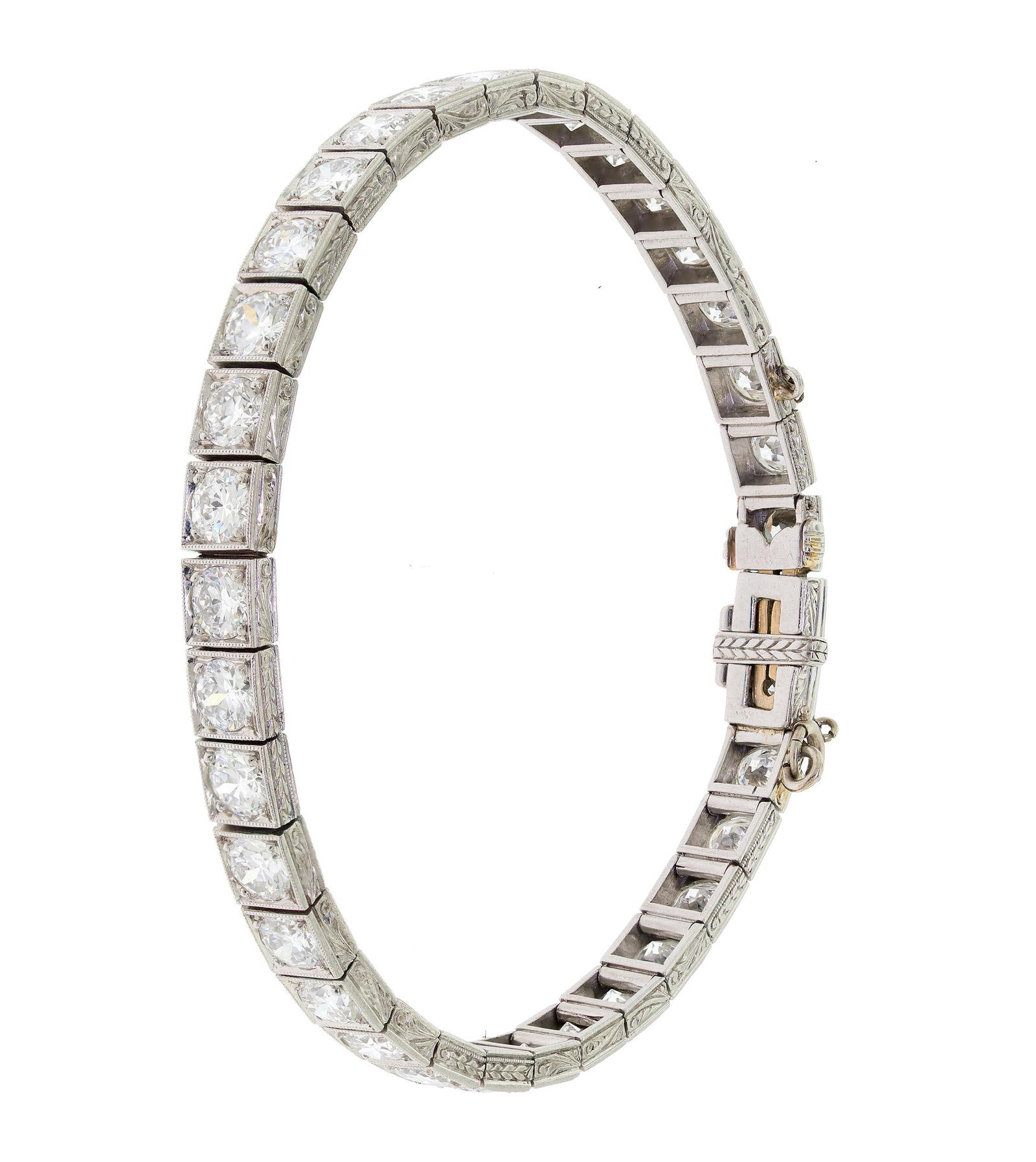 ART DECO PLATINUM 8.0 CT. TW. DIAMOND LINE BRACELET.: An Art Deco, platinum (tested), line bracelet set with approx. 8.0 ct. tw., Old European cut, natural diamonds of G-H color and VS clarity, 5mm wide, 22.2 grams. Tested as natural mined diamonds.