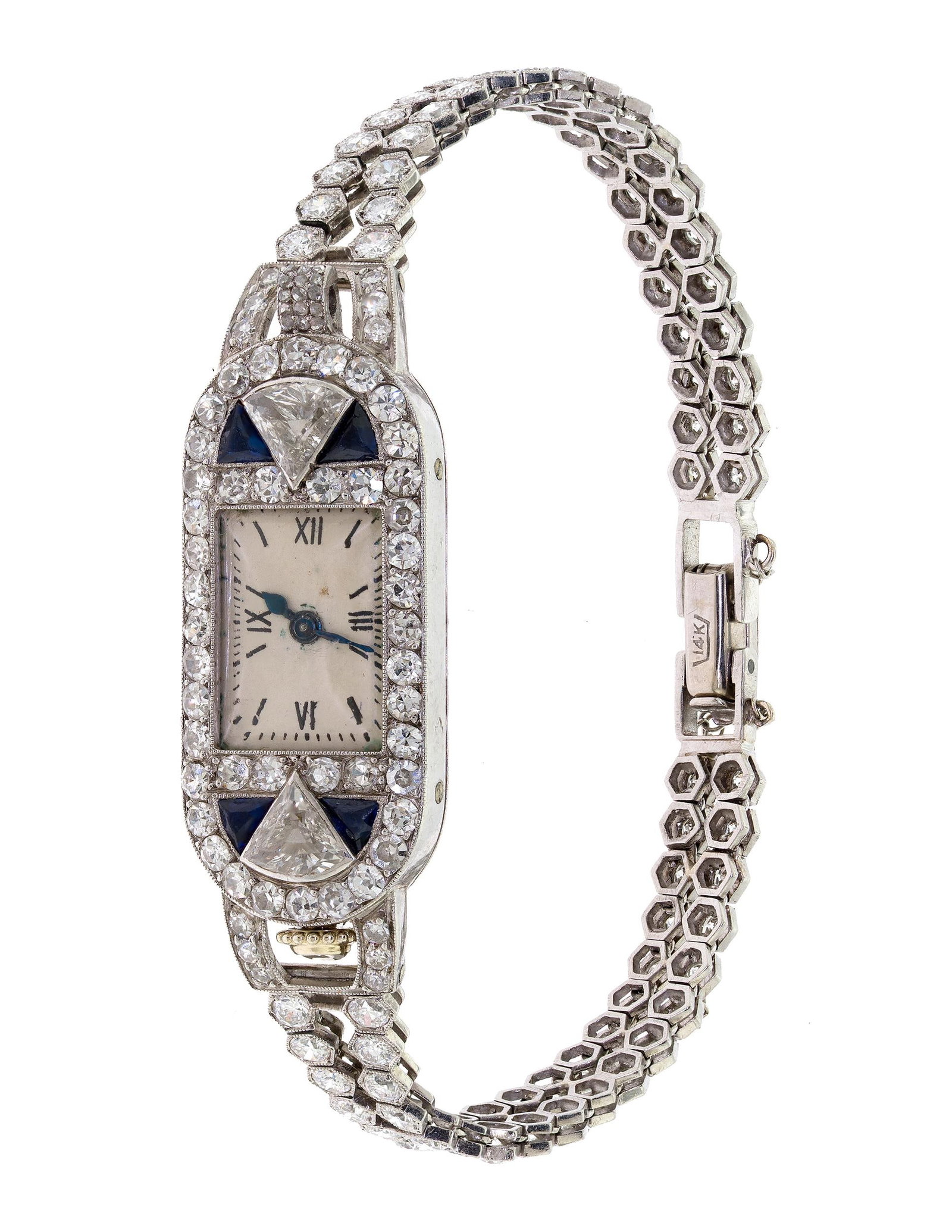 ART DECO FRENCH PLATINUM DIAMOND & SAPPHIRE WATCH.: A French Art Deco platinum (stamped, case is marked with a dog's head hallmark) watch, clasp is 14k white gold (stamped), set with approx. 4.5 ct. tw., transitional, triangular and single cut, natural