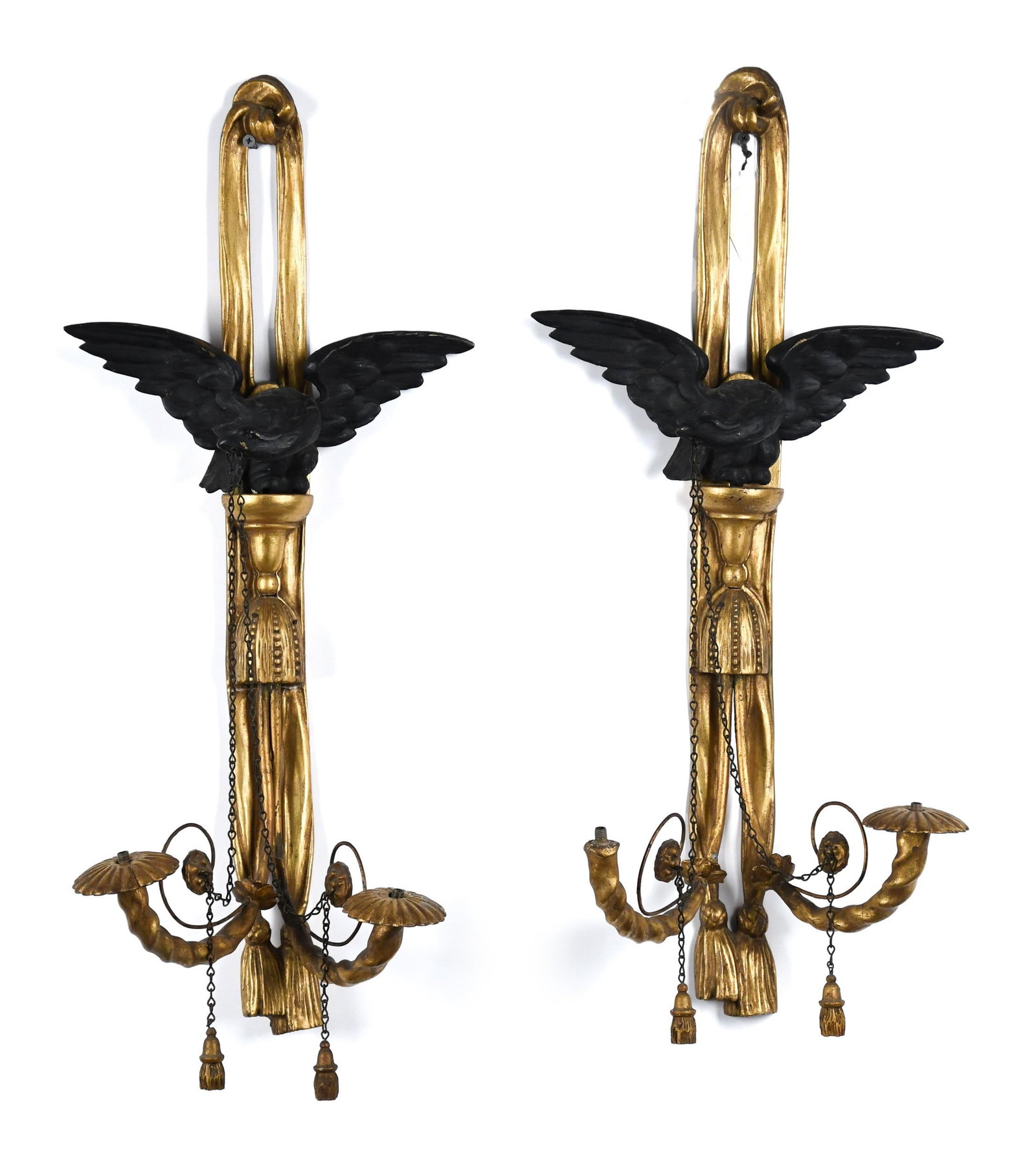 PR. ANTIQUE CARVED AND GILT EAGLE WALL SCONCES. (1 of 1)