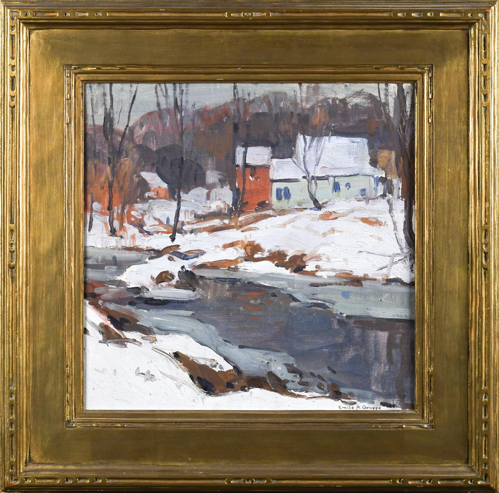 EMILE GRUPPE OIL, WINTER LANDSCAPE.: Emile Gruppe (1896-1978) oil on board, winter landscape, signed lower right Emile A. Gruppe, with Salmagundi Club label on reverse. Image 13.5” x 13.5”, Frame 20.5” x 20.5”.