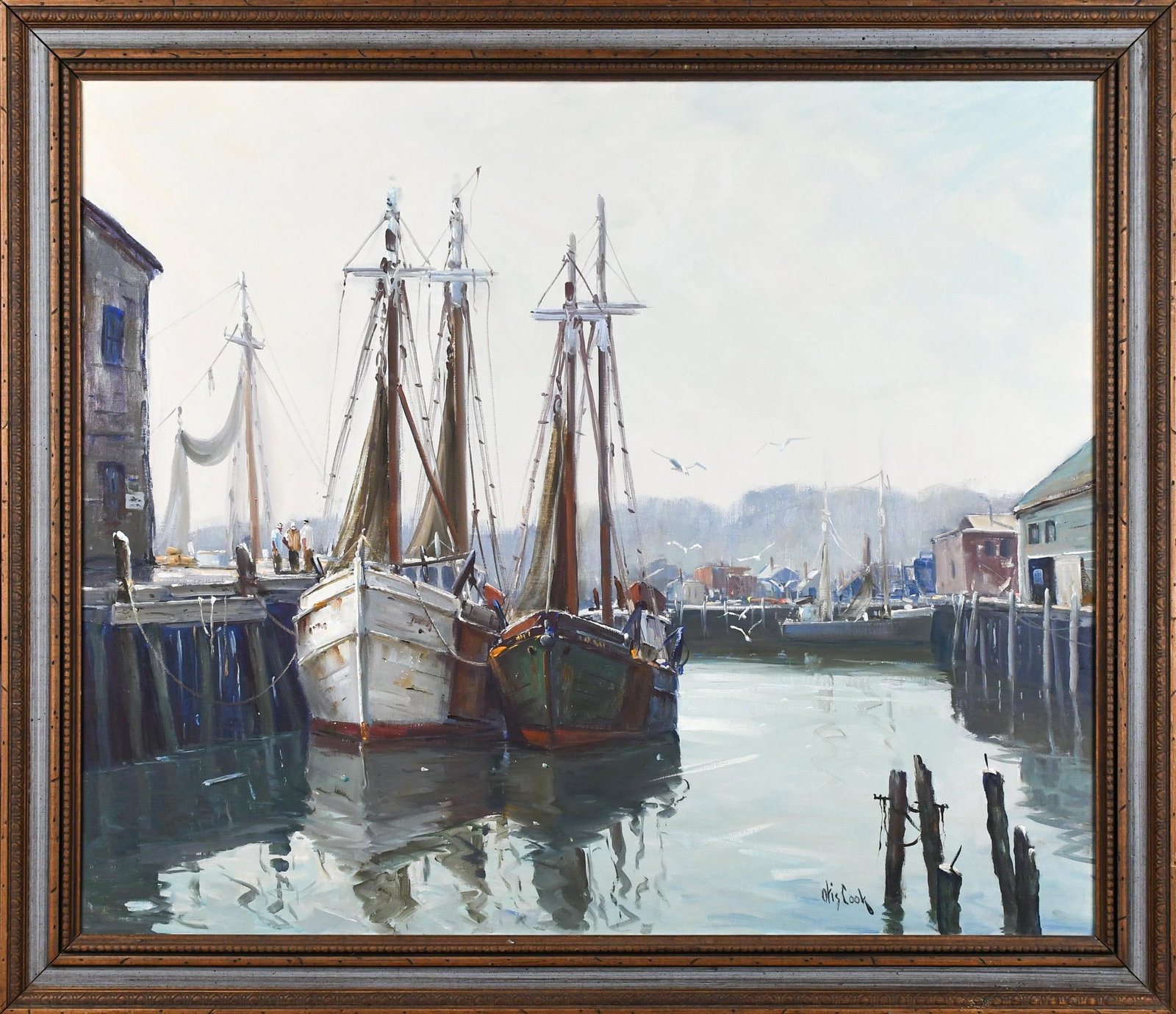 OTIS COOK JR. OIL, HARBOR SCENE.: An Otis Pierce Cook Jr (1900-1980) oil on canvas, harbor scene, signed lower right Otis Cook. Canvas 25” x 30”, Frame 29” x 34”.