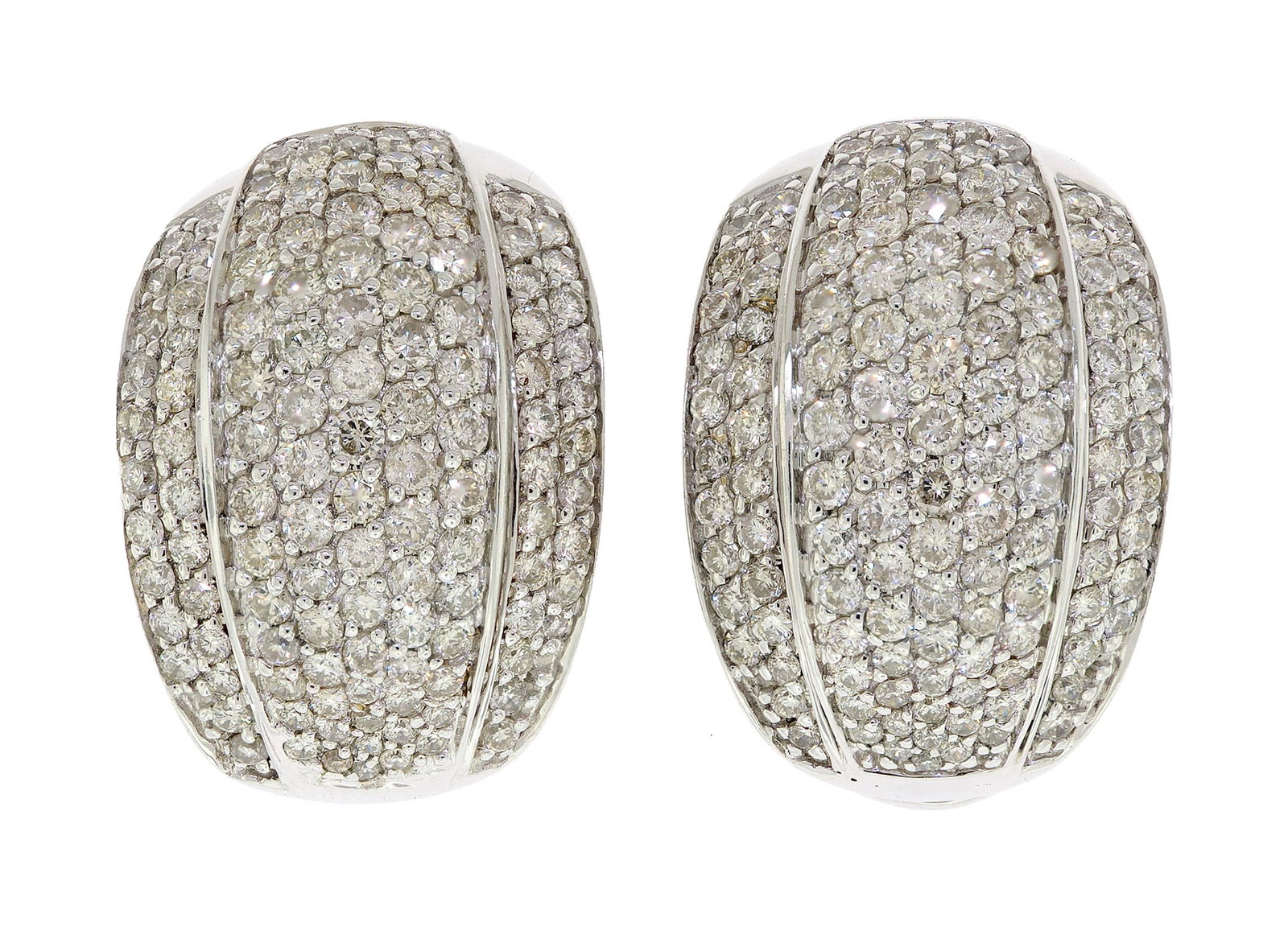 SAMUEL BENHAM 18K GOLD PAVE DIAMOND EARRINGS.: A pair of signed (BJC), Samuel Benham, 18k white gold (stamped) half hoop, post earrings with omega clip closures, pave set with approx. 2.20 ct. tw., round brilliant cut, natural diamonds of G-H colo