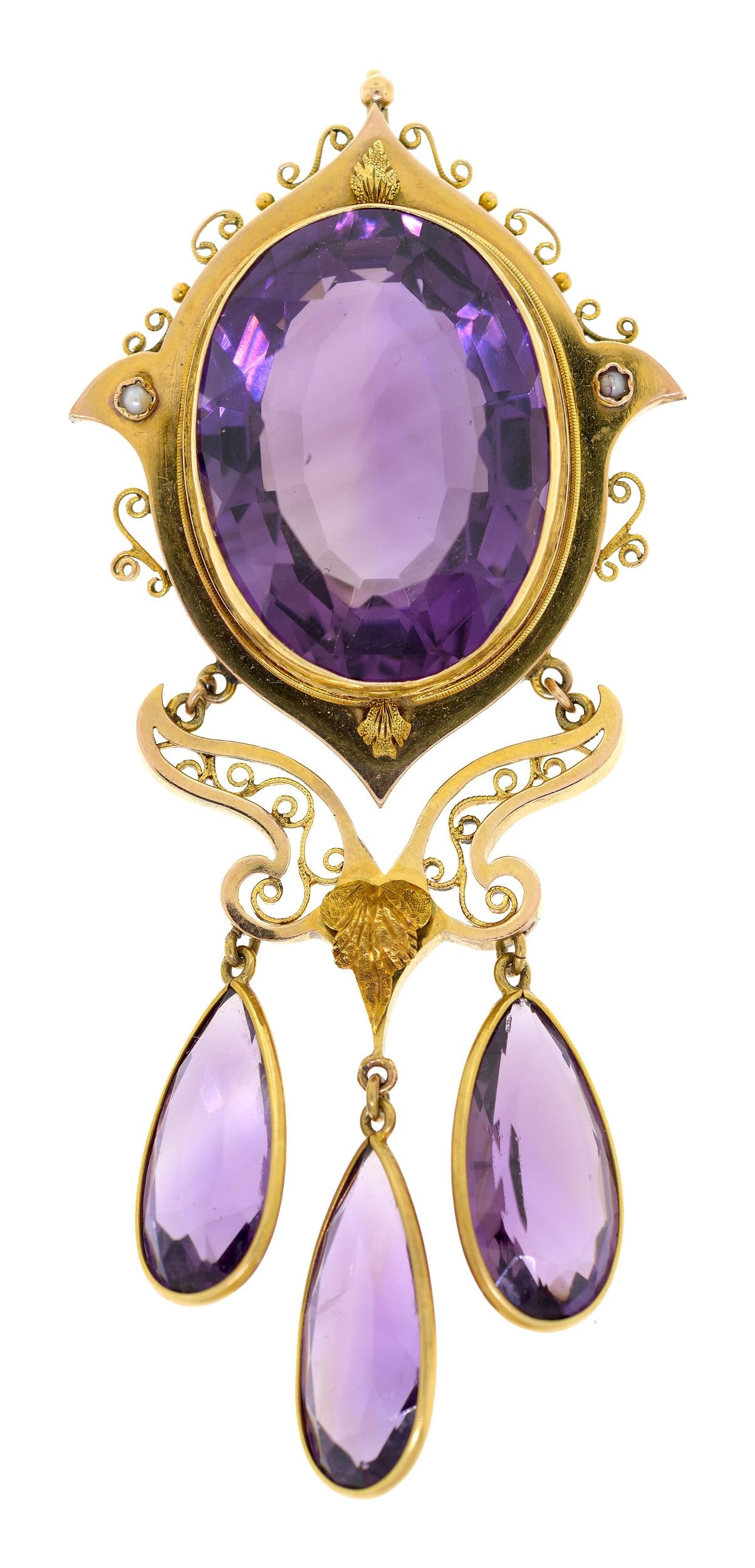 VICTORIAN 10K-14K YELLOW GOLD AMETHYST PENDANT.: A Victorian, 10k-14k yellow gold (tested), pendant set with approx. 58 ct. tw., faceted oval (40 ct.), medium dark purple and faceted pear shaped, medium purple amethysts and two seed pearls, 3 1/8