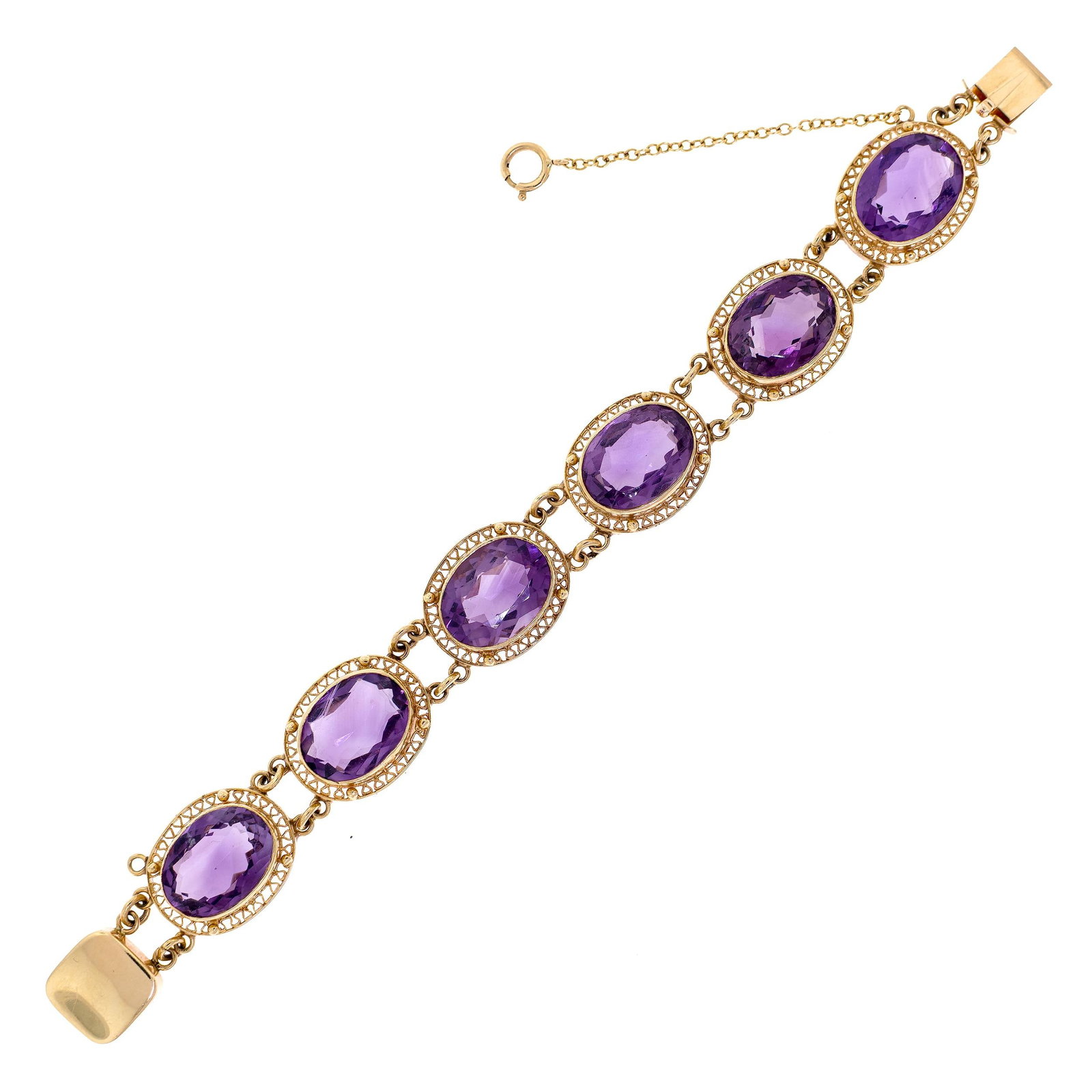 VINTAGE 14K GOLD 45 CT. TW. AMETHYST BRACELET.: A vintage, 14k yellow gold (stamped) bracelet set with approx. 45 ct. tw., faceted oval, medium purple amethyst, 17mm wide, 6 3/4 inches long, 30 grams.