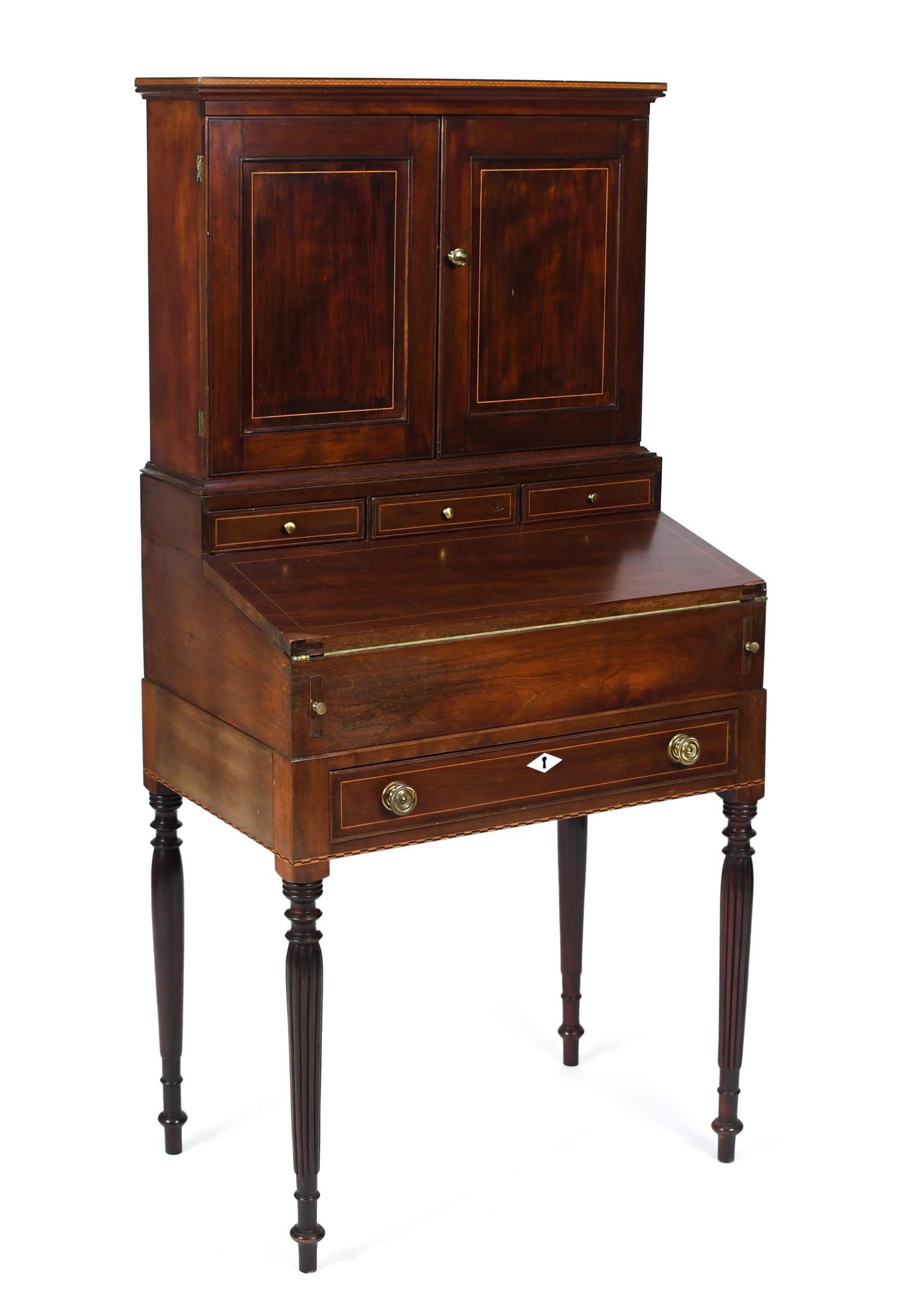 19TH C. FEDERAL BOSTON LADY'S DESK.: A ca. 1810 Federal Boston two-part ladies inlaid cherry secretary desk. The top section with two panel doors and an interior shelf, the lower section with three small drawers above a hinged slant lid 
