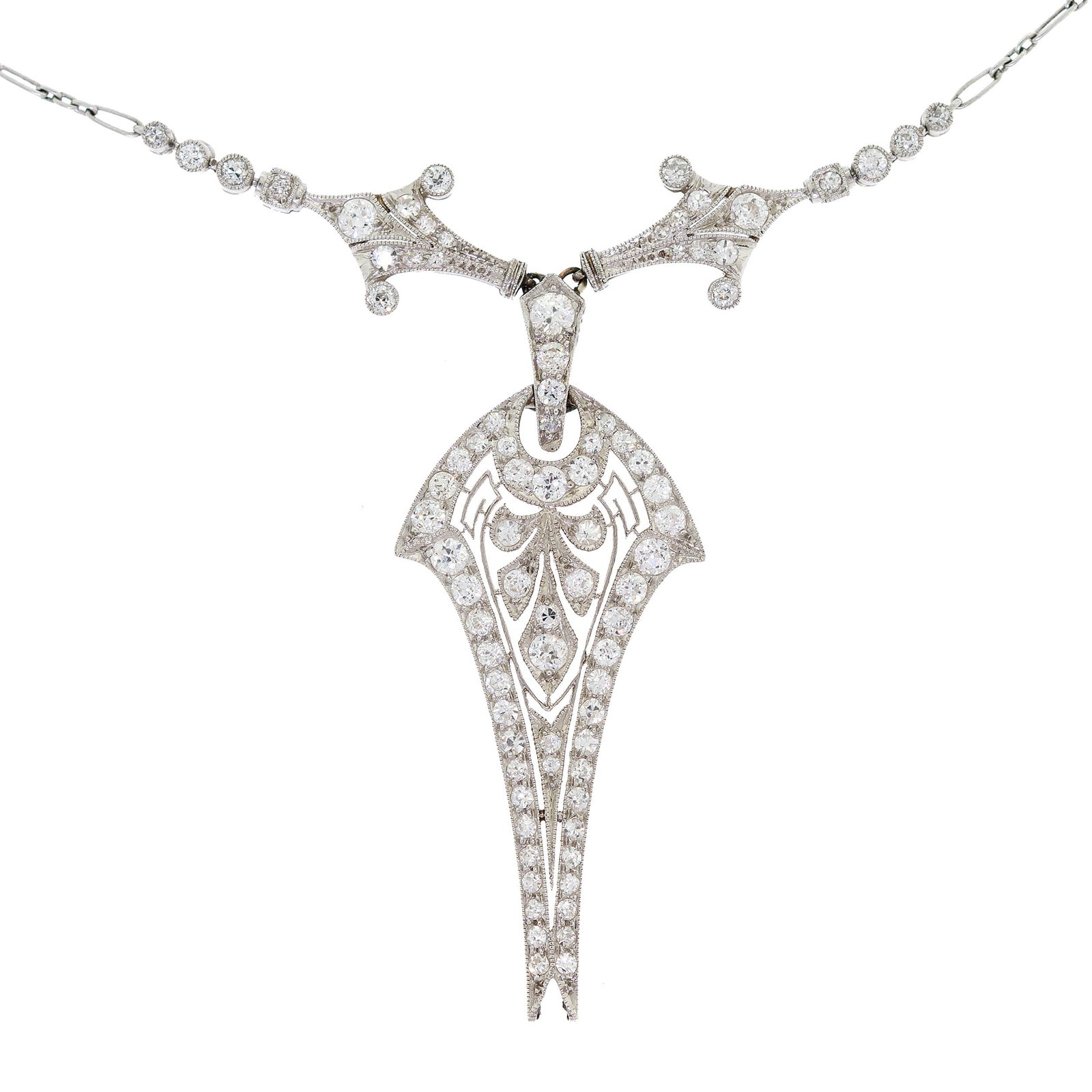EDWARDIAN PLATINUM DIAMOND LAVALIER NECKLACE.: An Edwardian, platinum lavalier necklace set with approx. 1.20 ct. tw., Old European full and single cut, natural diamonds of G-H color and VS clarity, 14 5/8 inches long (neck), lavalier is 1 5/8 inc