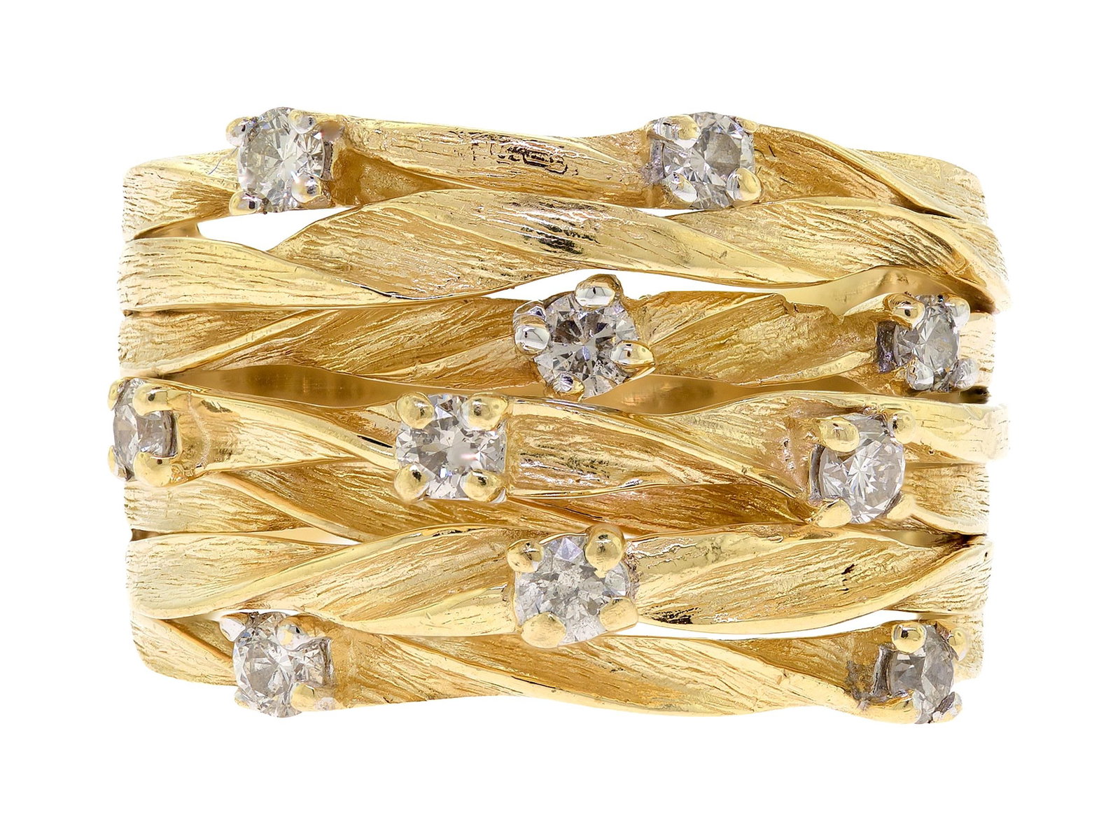 VINTAGE 14K GOLD WIDE TWISTED DIAMOND BAND.: A vintage, 14k yellow gold (stamped) wide, twisted band set with approx. .50 ct. tw., round brilliant cut, natural diamonds of H-I color and SI-I clarity, marked IJDN. Ring size 8 1/2, 15mm wide,