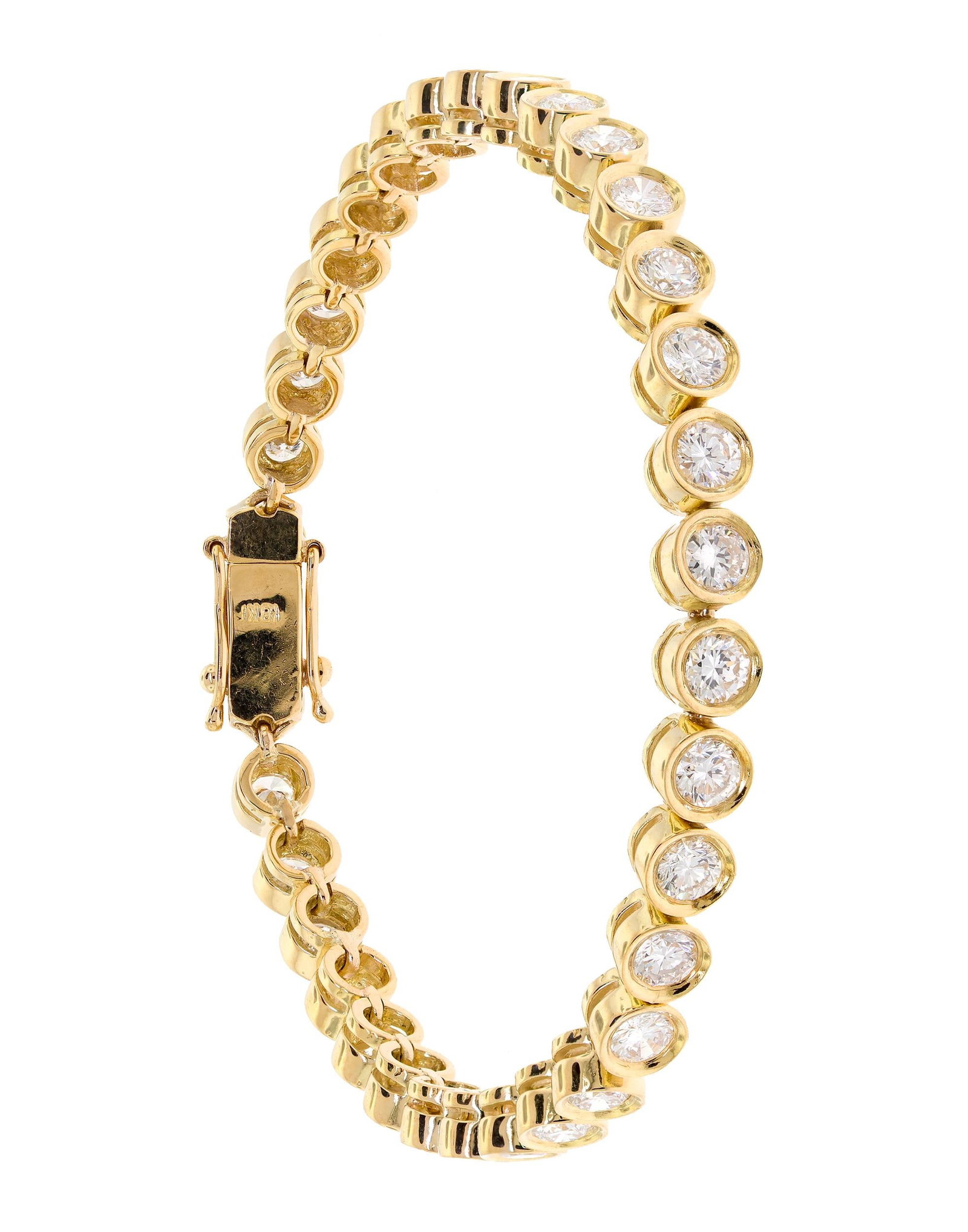 18K GOLD DIAMOND TENNIS BRACELET.: An 18k yellow gold (stamped) tennis bracelet set with approx. 5.0 ct. tw., round brilliant cut, natural diamonds of G-H color and VS-SI clarity, 5mm wide, 6 3/4 inches long, 19.4 grams. Tested as