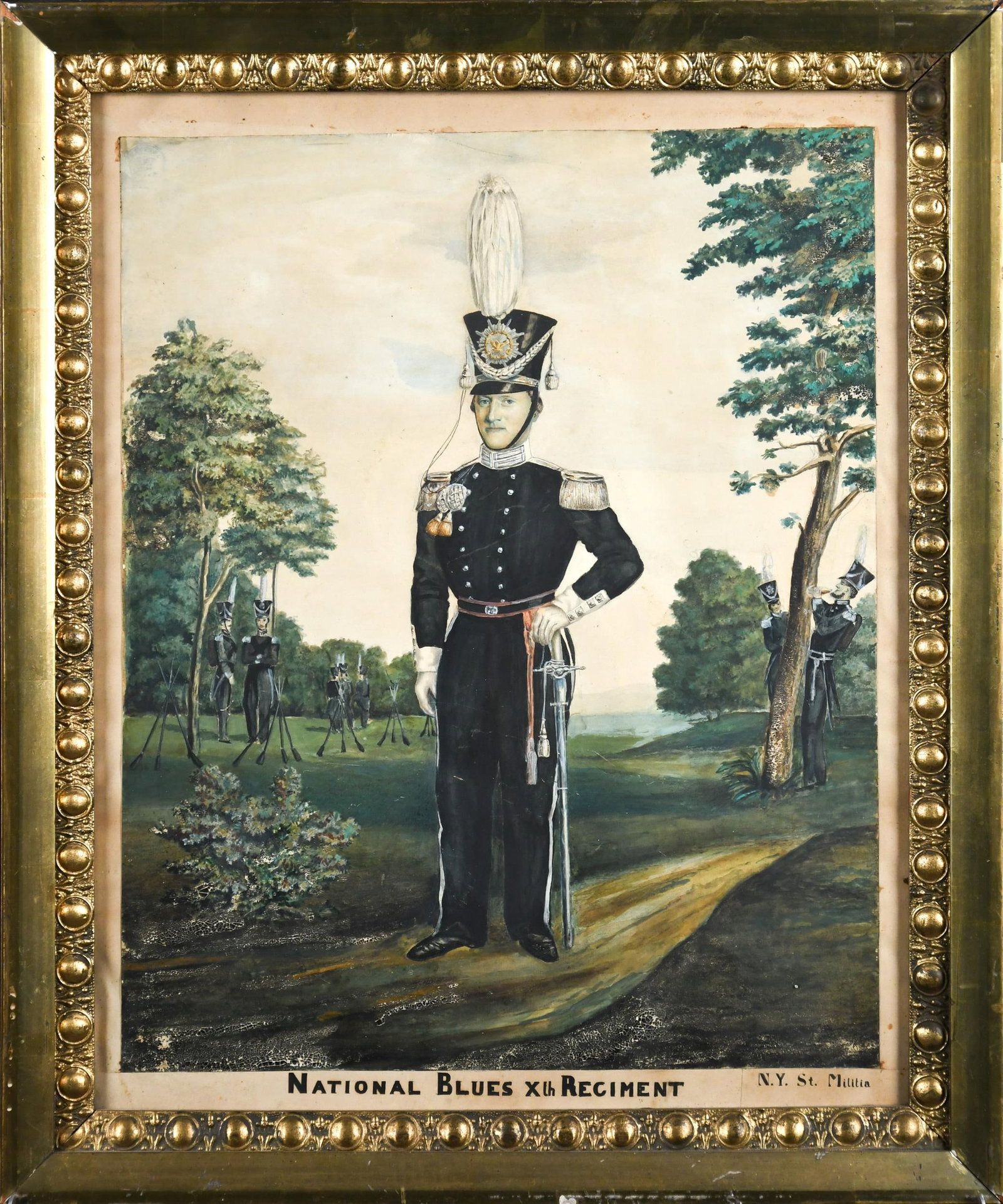 19TH C. CIVIL WAR WATERCOLOR, NATIONAL BLUES XTH REG.: A 19th C. American watercolor and gouache, ‘National Blues Xth Regiment N.Y. St. Militia’. Work depicts a soldier in full garb in foreground and the comical regiment at ease in