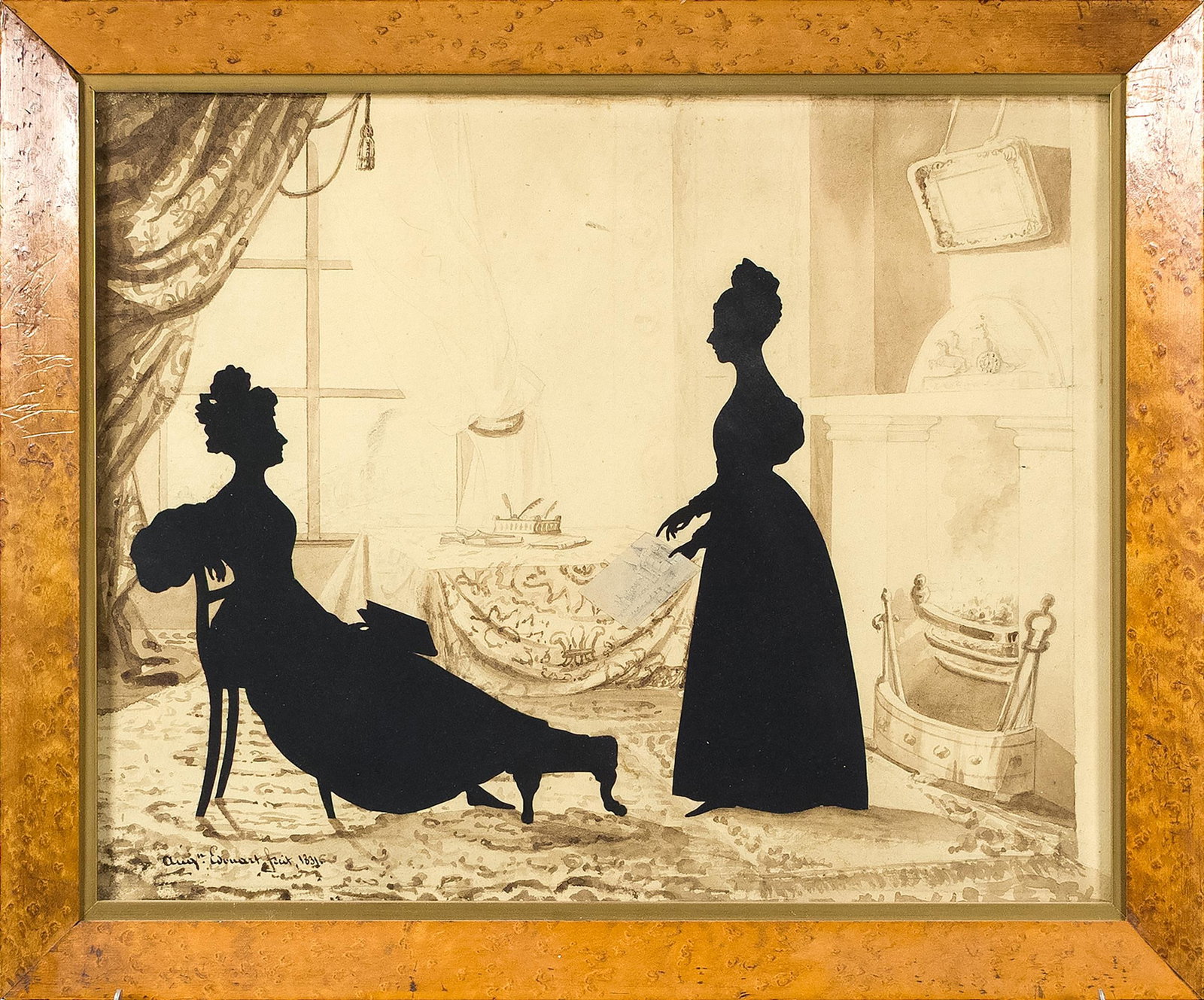 AUGUSTIN EDOUART SILHOUETTE, LADIES IN A PARLOR.: A fine 1831 Augustin Edouart (France, 1789-1861) silhouette, two women made of black cut paper, in a hard to find watercolor interior. One woman holding a separate cut paper and graphite sketch of Hol