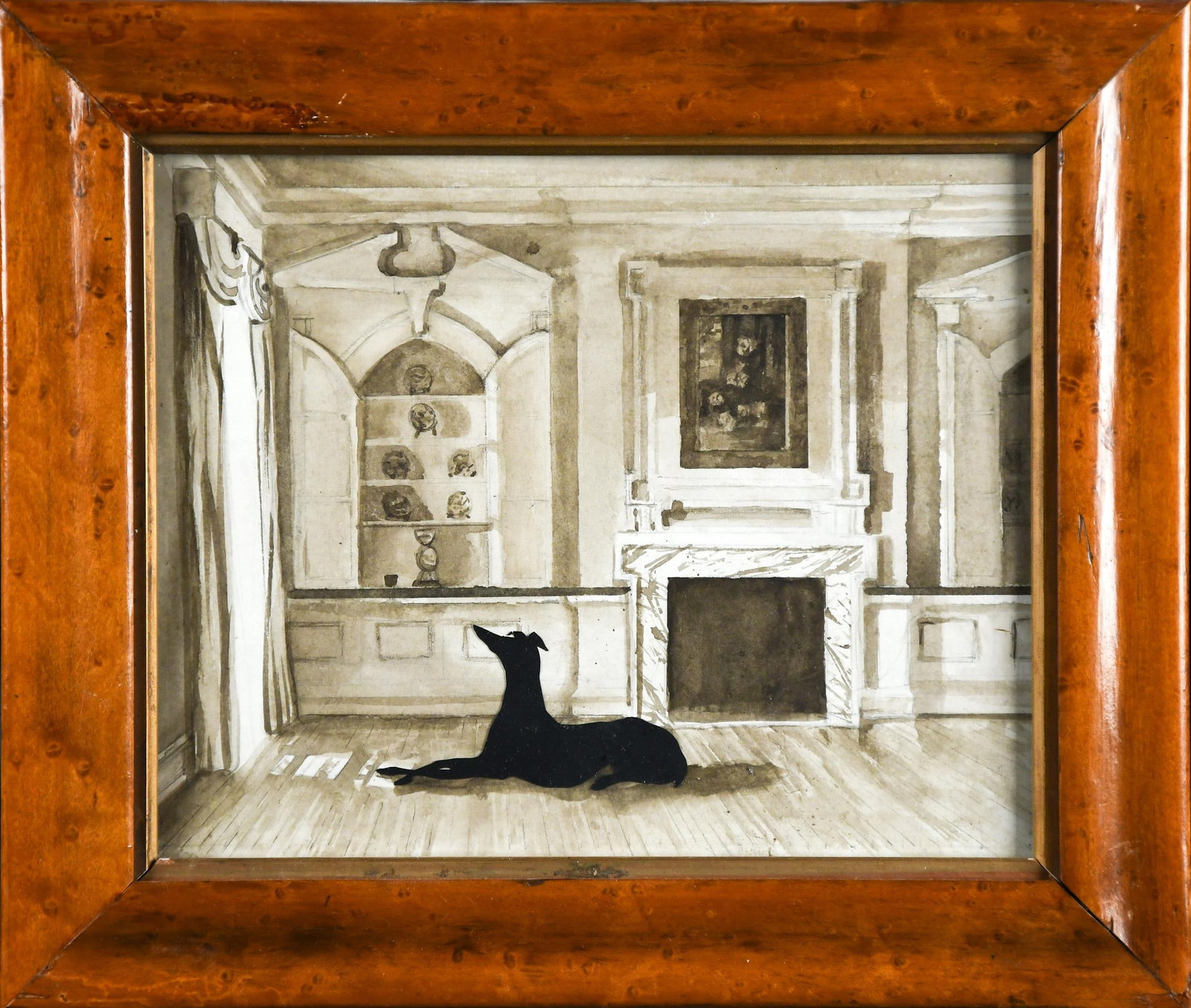 AUGUSTIN EDOUART SILHOUETTE, DOG IN AN INTERIOR.: A 19th C. Augustin Edouart silhouette with a Thomas MacPherson Federal period watercolor interior/background. Unsigned but stamped on back with ‘Silhouette from the Archive Scrapbook of A. Edoua