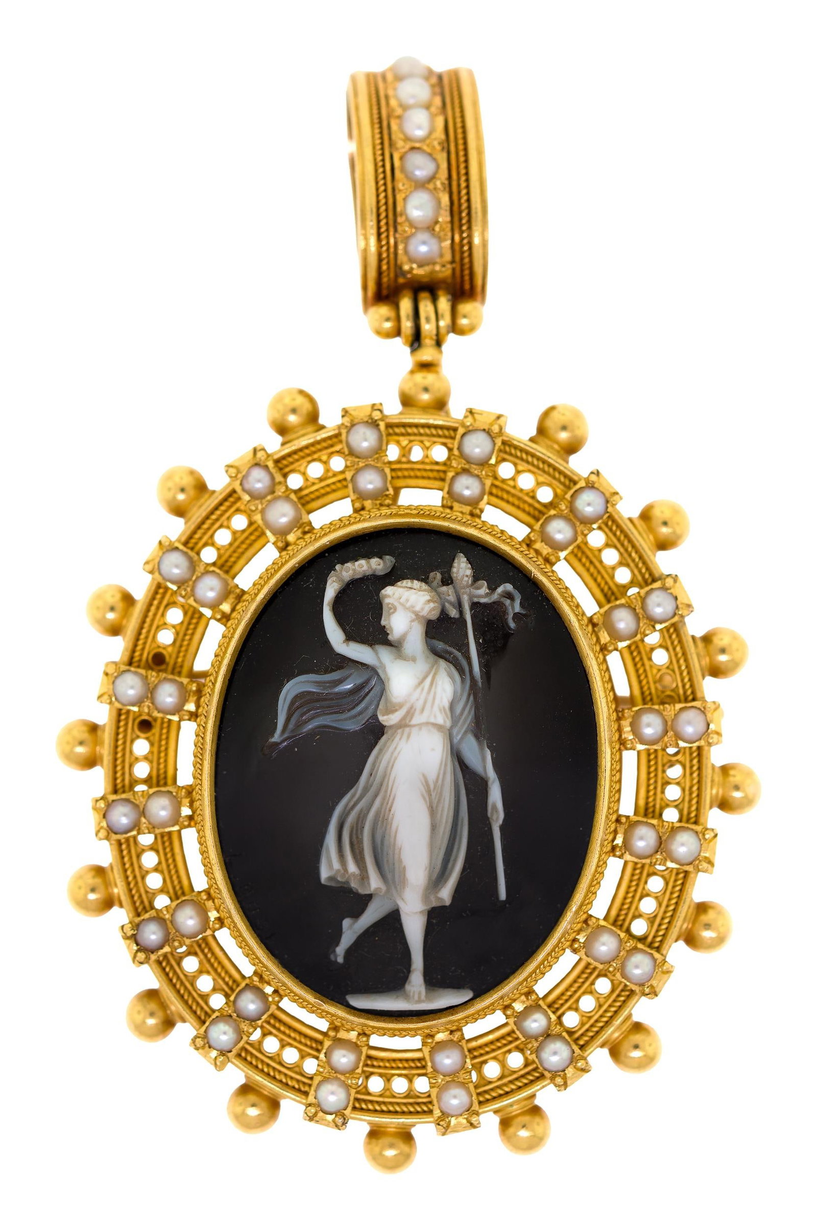 18K GOLD LUIGI ROSI HARDSTONE CAMEO & PEARL PENDANT.: An antique pin/pendant, signed, Luigi Rosi Roma, Piazza di Spagna, '86. In18k yellow gold (tested), with seed pearl, oversized bail and a locket with glass cover on the reverse, 2 7/8 inches long, 34.