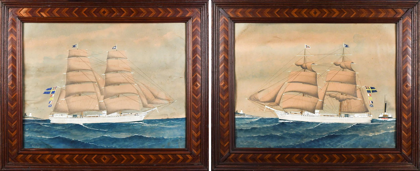TWO ANTIQUE MARITIME GOUACHES, SHIP BENJAMIN.: Two antique gouaches on paper, depicting two views of the ship Benjamin, flying the Swedish merchant flag. Unsigned. Images 18” x 23.5”, Overall in inlaid frames 24.5” x 30.5”.