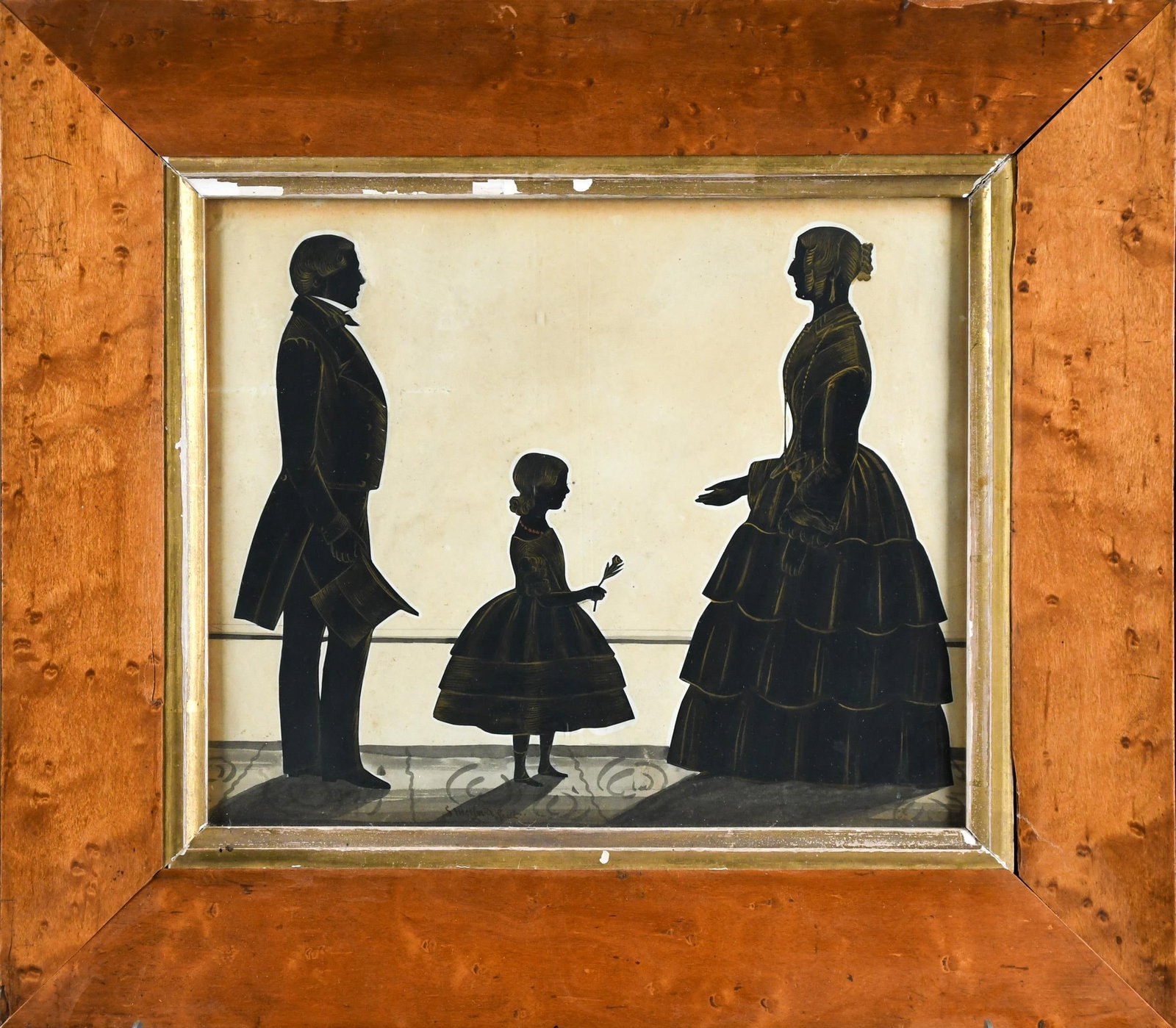 RARE SAMUEL MEDFORD SILHOUETTE, ILLUSTRATED EXAMPLE.: A rare Samuel Medford signed 19th C. watercolor silhouette depicting three figures including a young girls adorned in a coral necklace presenting a flower to her mother, signed lower middle, ‘S.
