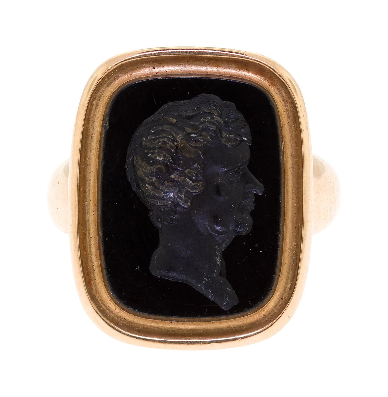 ANTIQUE 18K GOLD TIFFANY & CO. INTAGLIO RING.: An antique, signed, Tiffany & Co., 18k yellow gold (stamped), black onyx intaglio ring. Ring size 7 1/2, 21mm long, 12.7 grams.