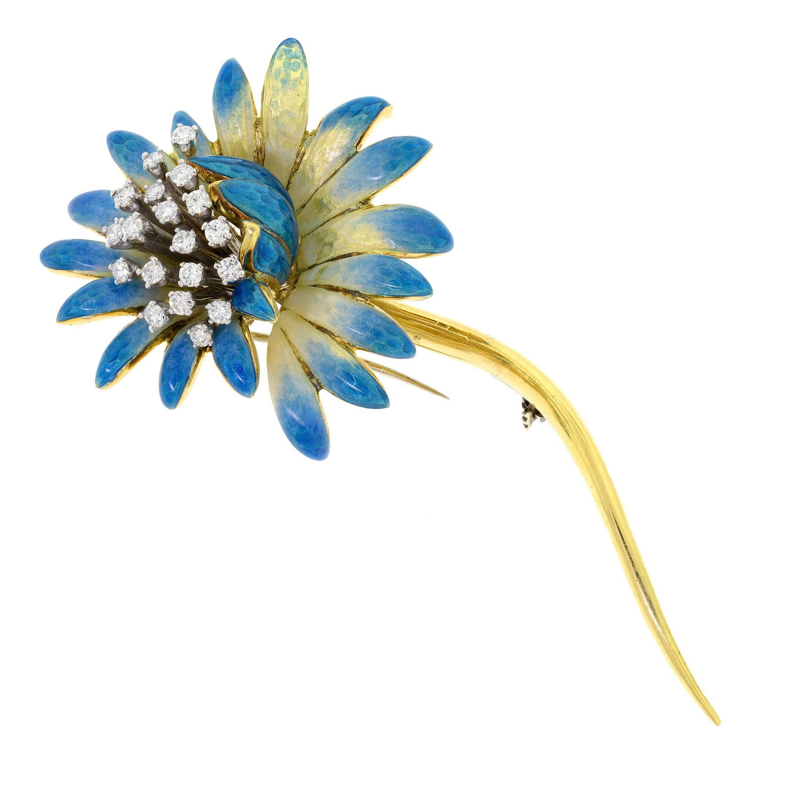 VINTAGE ITALIAN 18K GOLD ENAMEL DIAMOND FLOWER PIN.: A vintage Italian, 18k yellow gold (stamped) blue and white enamel flower pin set with approx. 1.14 ct. tw., round brilliant cut, natural diamonds of F-G color and VS clarity, excellent cut, 41.5mm fl