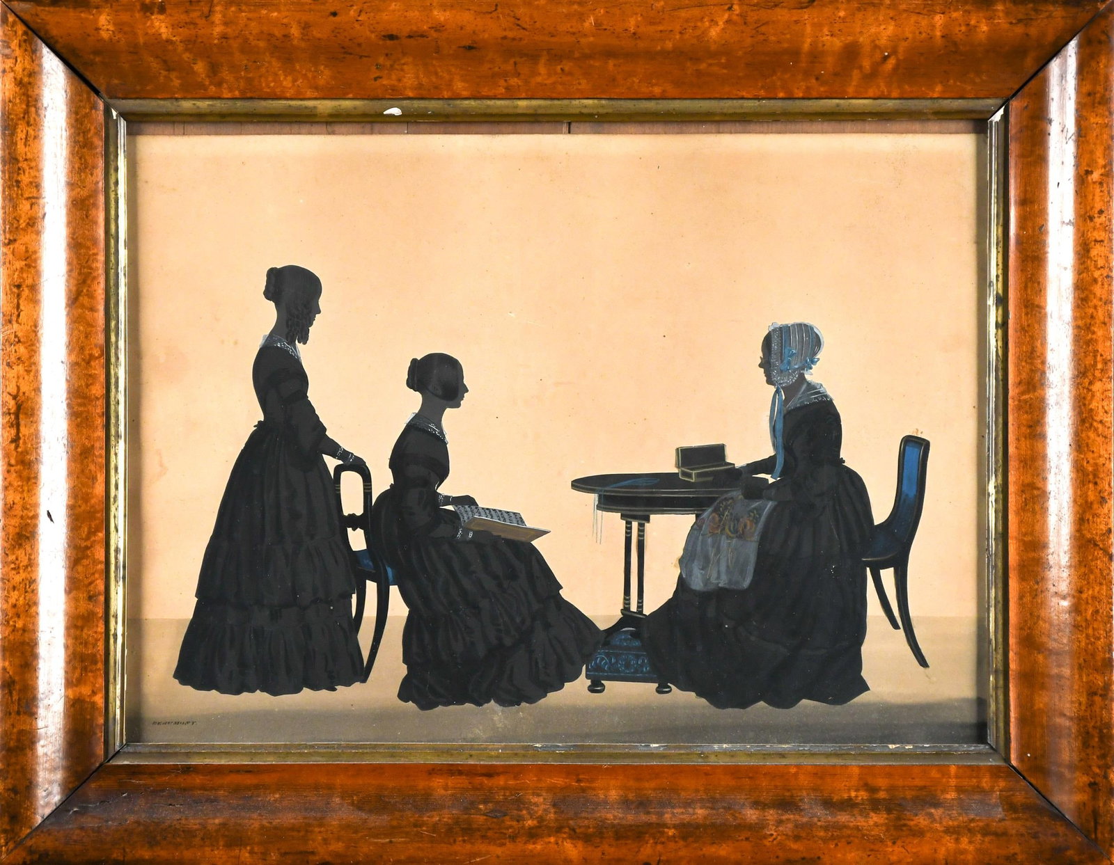 19TH C. WILLIAM BEAUMONT SILHOUETTE.: A ca. 1845 William Beaumont signed silhouette with color highlights, depicting three women seated in period furnishings, signed lower left, ‘Beaumont’. Image 11.5” x 15.5”, Fra