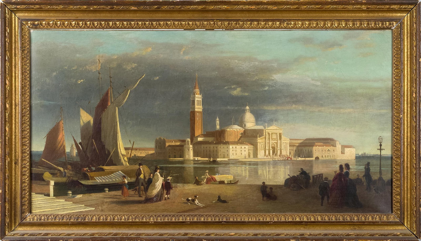 19TH C. OIL, VENETIAN LANDSCAPE.: A 19th C. oil on canvas, scene of Venice across Grand Canal with St. Marks and San Giorgio Maggiore in distance, and figures and animals in foreground. Illegibly initialed in right corner. Canvas 21&#