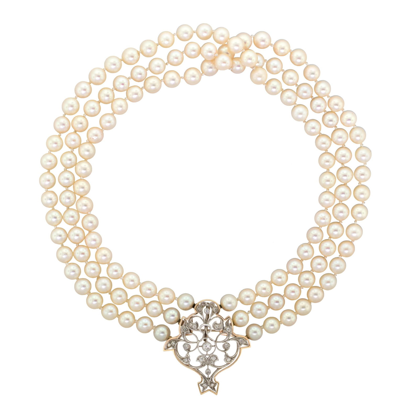 PEARL NECKLACE W/ 14K GOLD & PLATINUM DIAM. CLASP.: A triple-strand, cultured pearl necklace with a custom-made, 14k yellow gold (tested) clasp frame that fits an antique, platinum (tested) pin set with approx. .50 ct. tw., Old European full and single