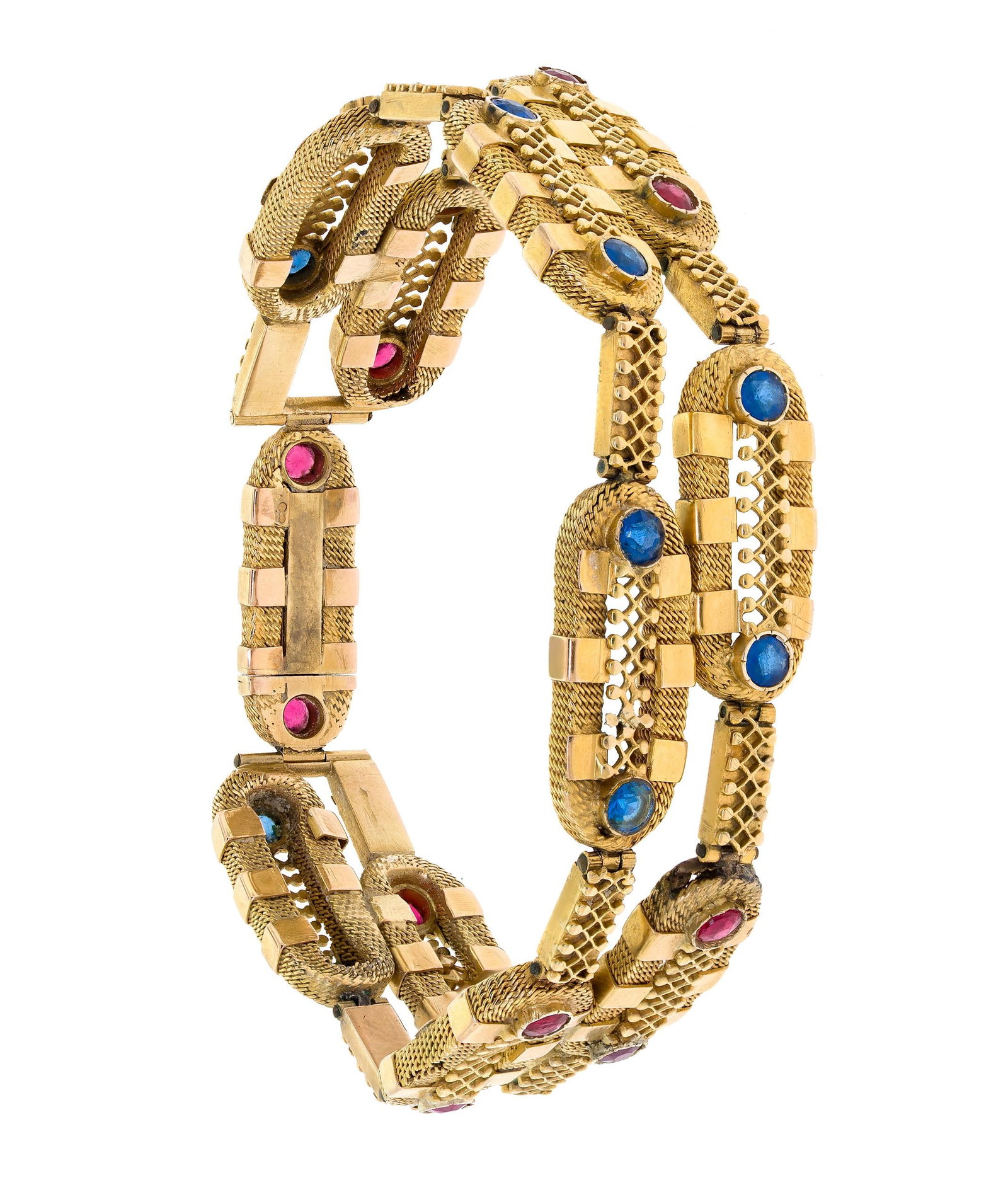 ANTIQUE 10K-14K GOLD BRACELET W/ RED & BLUE GLASS.: An antique, 10k-14k yellow gold (tested) oval link bracelet set with faceted round, red and blue glass, 18.5mm wide, 7 7/8 inches long, 38.1 grams.