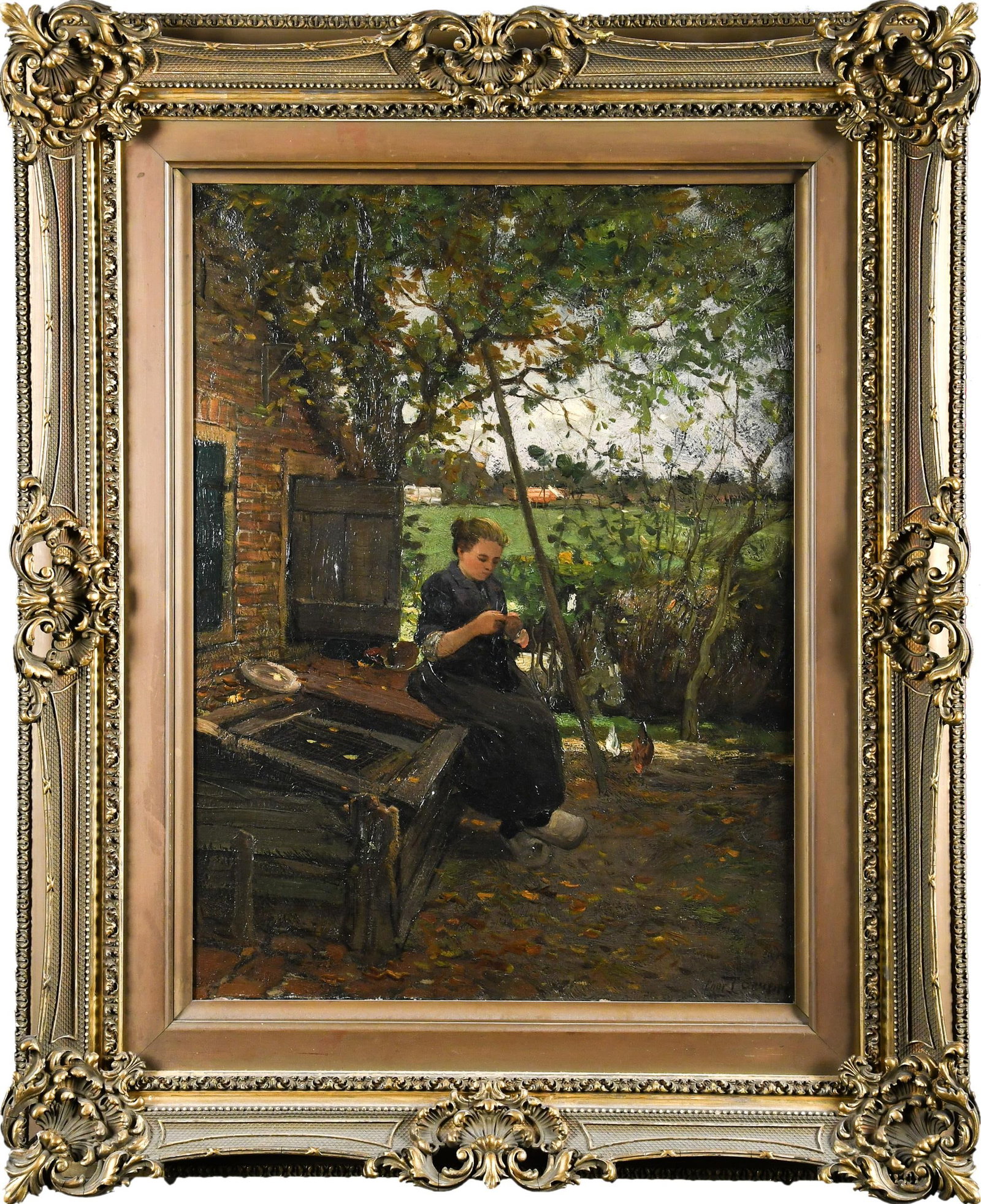 CHARLES GRUPPE OIL, WOMAN SEWING.: Charles Gruppe (1860-1940) oil on canvas, woman sewing in yard, signed lower right Chas. P. Gruppe. Image 21.5” x 16”, Frame 31” x 25”.