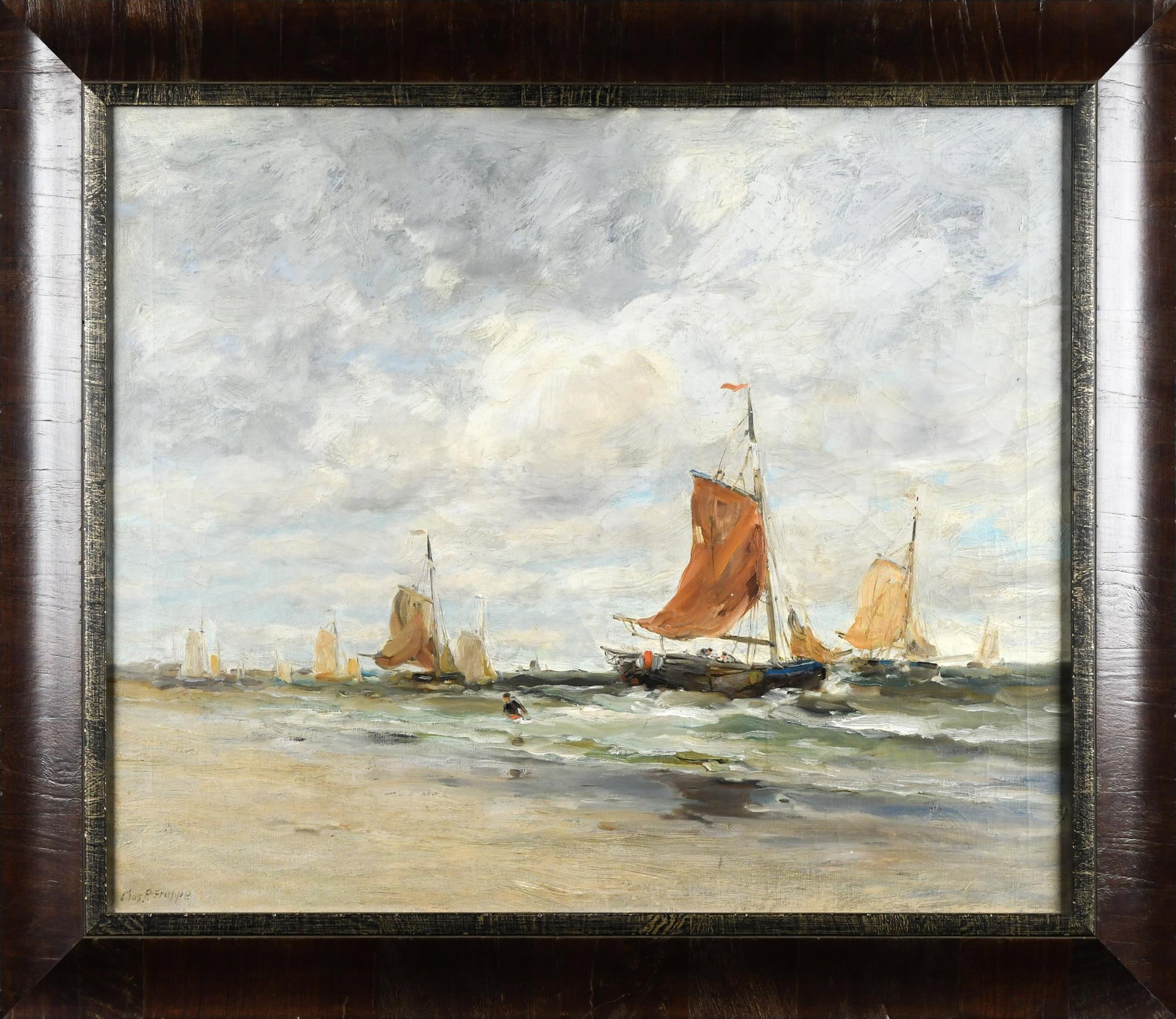 CHARLES GRUPPE OIL, BOATS ON SHORELINE.: Charles P. Gruppe (1860-1940) oil on canvas, group of boat offshore, signed lower left Chas. P. Gruppe. Image 24.5” x 29.5”, Frame 31” x 36”.