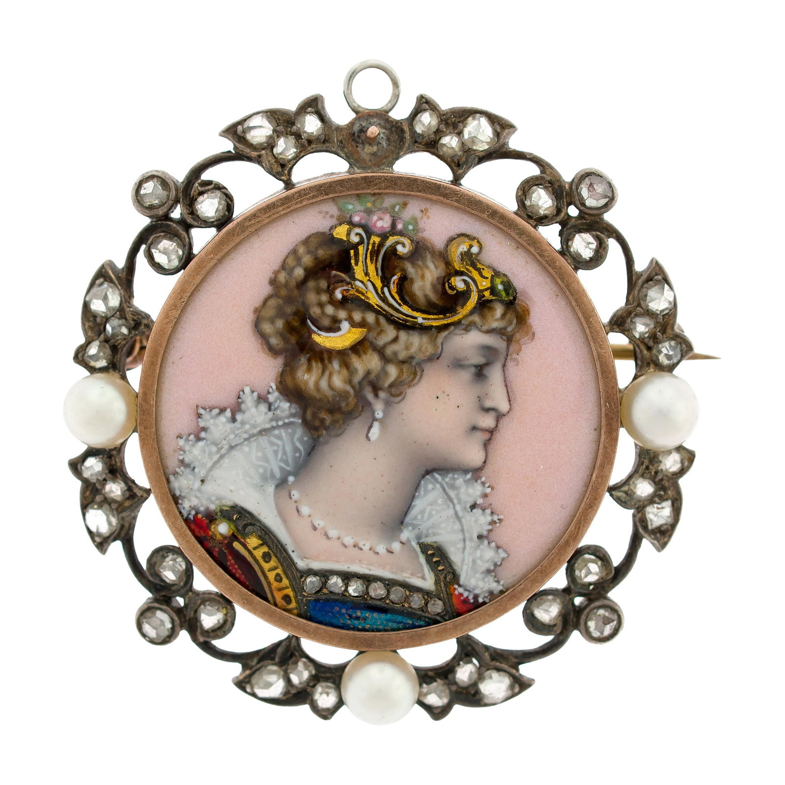 ANTIQUE 14K GOLD & SILVER PEARL & DIAM. PORTRAIT PIN.: An antique, 14k yellow gold (stampd) and silver top mini-portrait pin with recessed back, set with approx. 1.25 ct. tw. rose cut diamonds of J-K color and SI-I clarity and three, 4.5mm, white pearls w
