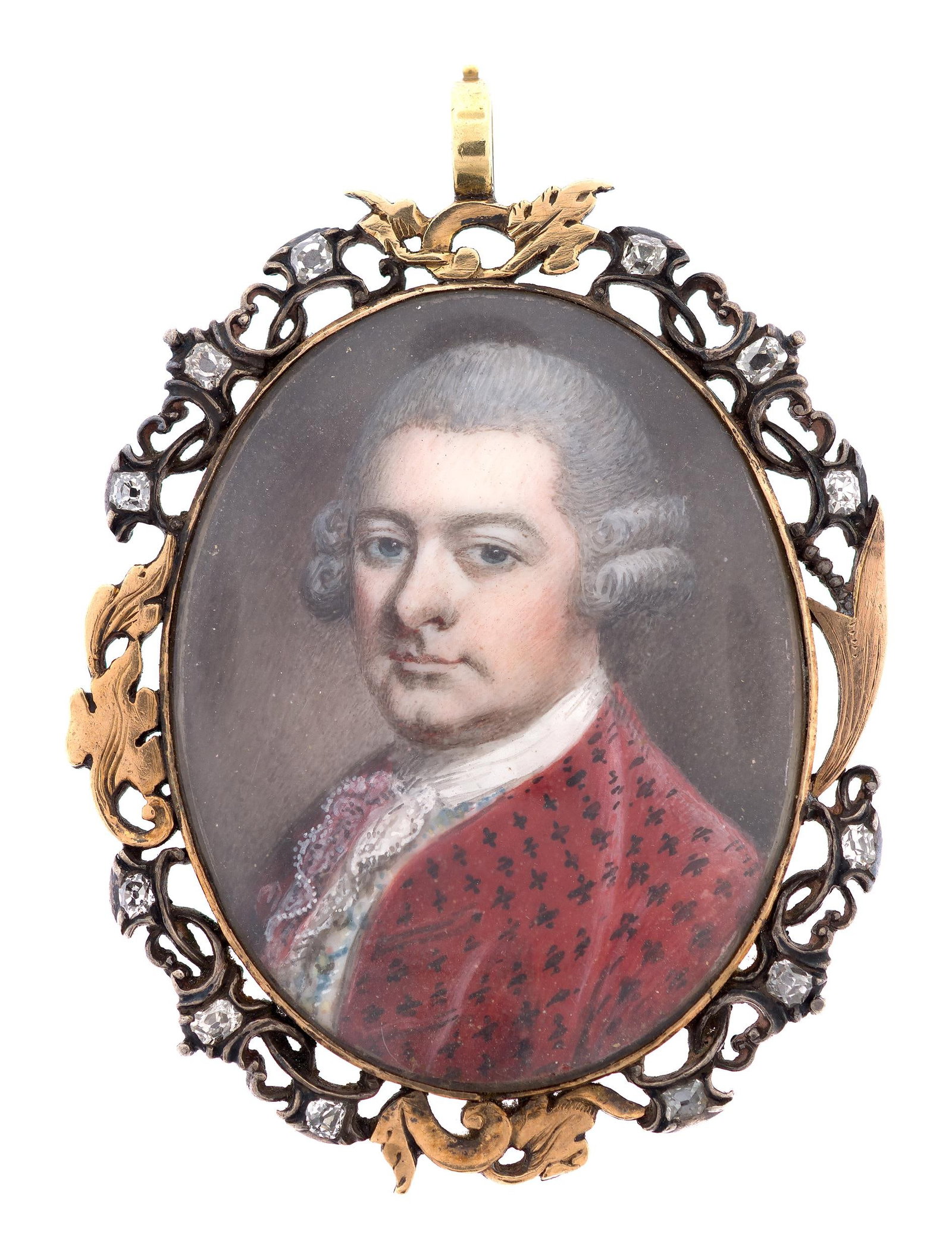 ANTIQUE 18K GOLD & SILVER MINIATURE PORTRAIT PENDANT.: An antique, miniature portrait set into a pendant, made of 18k yellow gold (tested) over sterling silver, and set with approx. .50 ct. tw., antique cushion cut, natural diamonds of H-I-J color and VS 