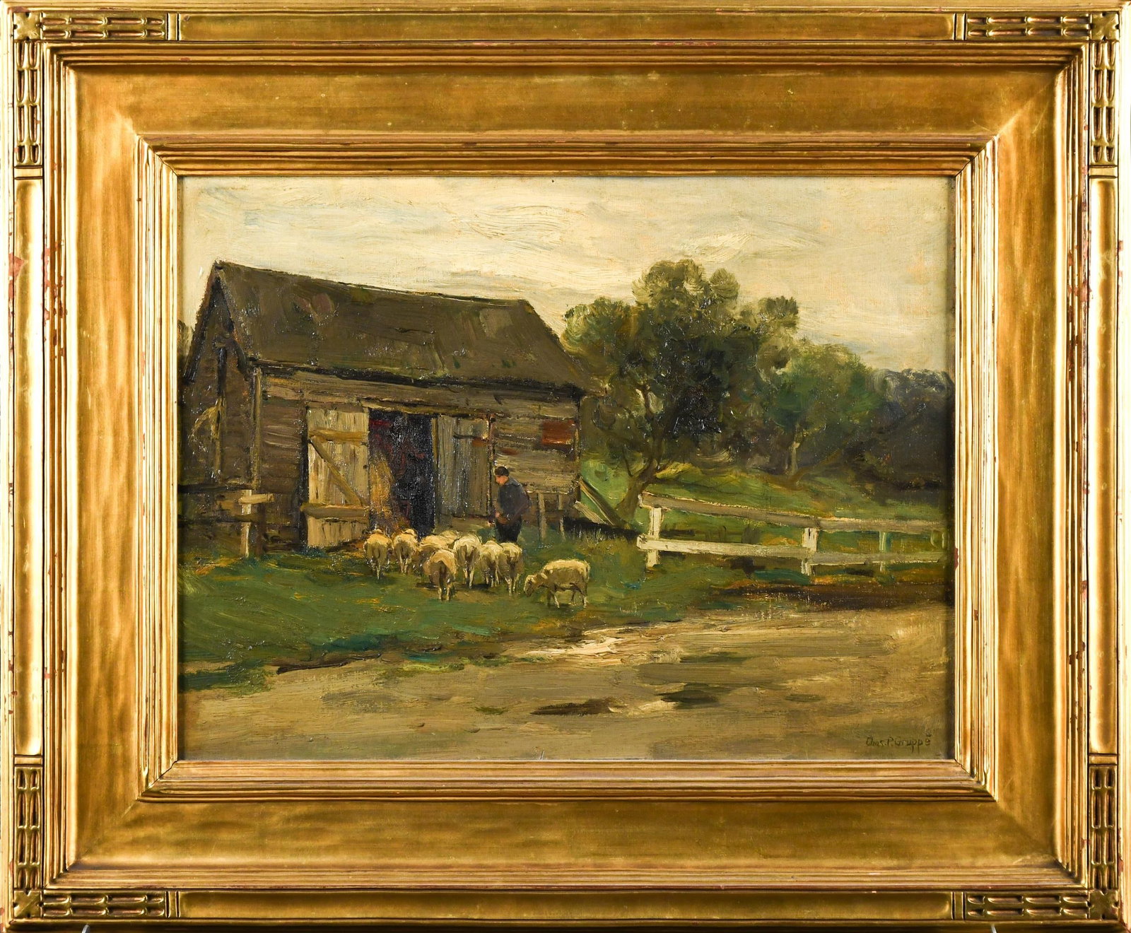 CHARLES GRUPPE OIL, FARM SCENE.: Charles P. Gruppe oil on board, farmyard scene with sheep and barn, signed lower right Chas. P. Gruppe. Image 12” x 16”, Frame 18.5” x 23”.