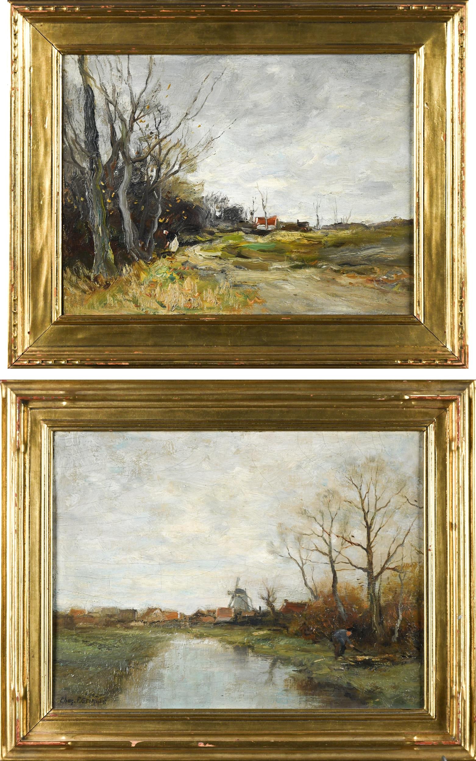 TWO CHARLES GRUPPE OILS, LANDSCAPES.: Two Charles Gruppe (1860-1940) oil on board, including November Day, Holland, signed lower left, And other, November Hillside. both with Salmagundi Club labels on reverse. Frames 12” x 15”