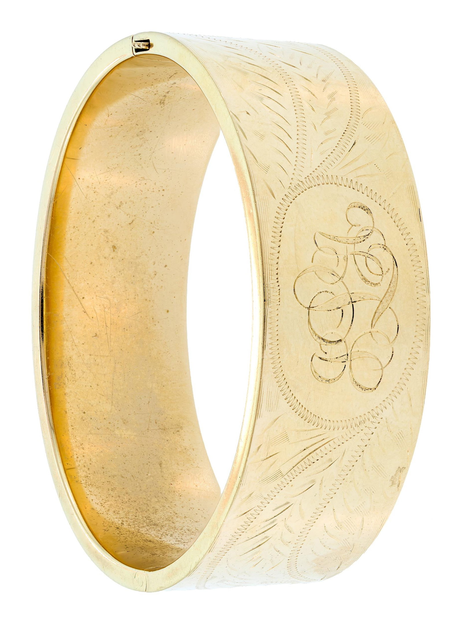 VINTAGE 14K GOLD HINGED BANGLE BRACELET.: A vintage, 14k yellow gold (stamped) hinged, bangle bracelet, with hand-engraving and monogram GLA, 20.5mm wide, 6 1/2 inch wrist, 30 grams.