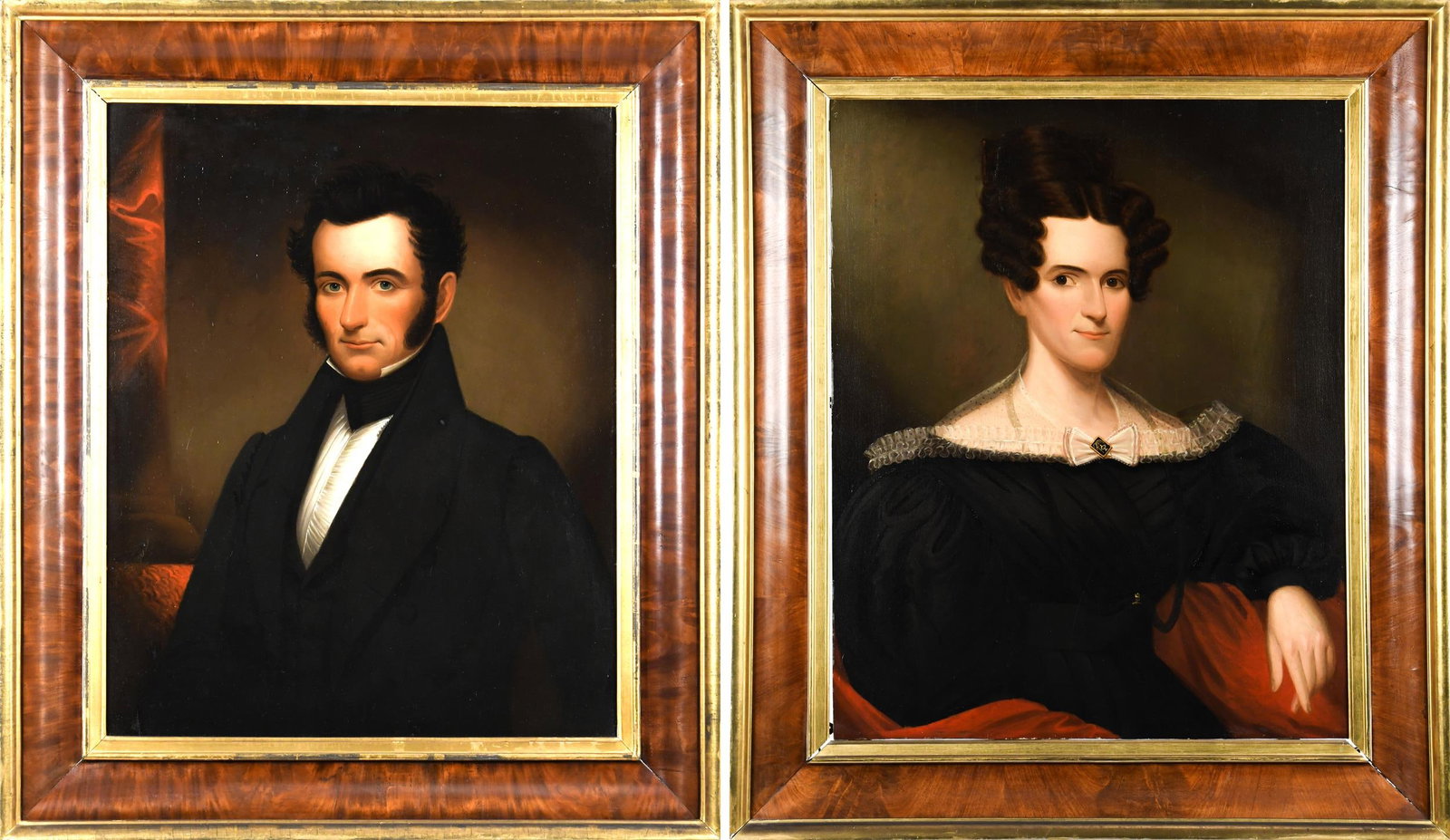 PR. 19TH C. PORTRAITS, ISAAC AND HETTY AKIN.: A pair of early 19th C. American oils on board, Mr. Isaac Akin And Mrs. Hetty Akin (nee Ackermann), in matching Ogee frames. Images 30” x 23.5”, Frames 38.5” x 32.5”.