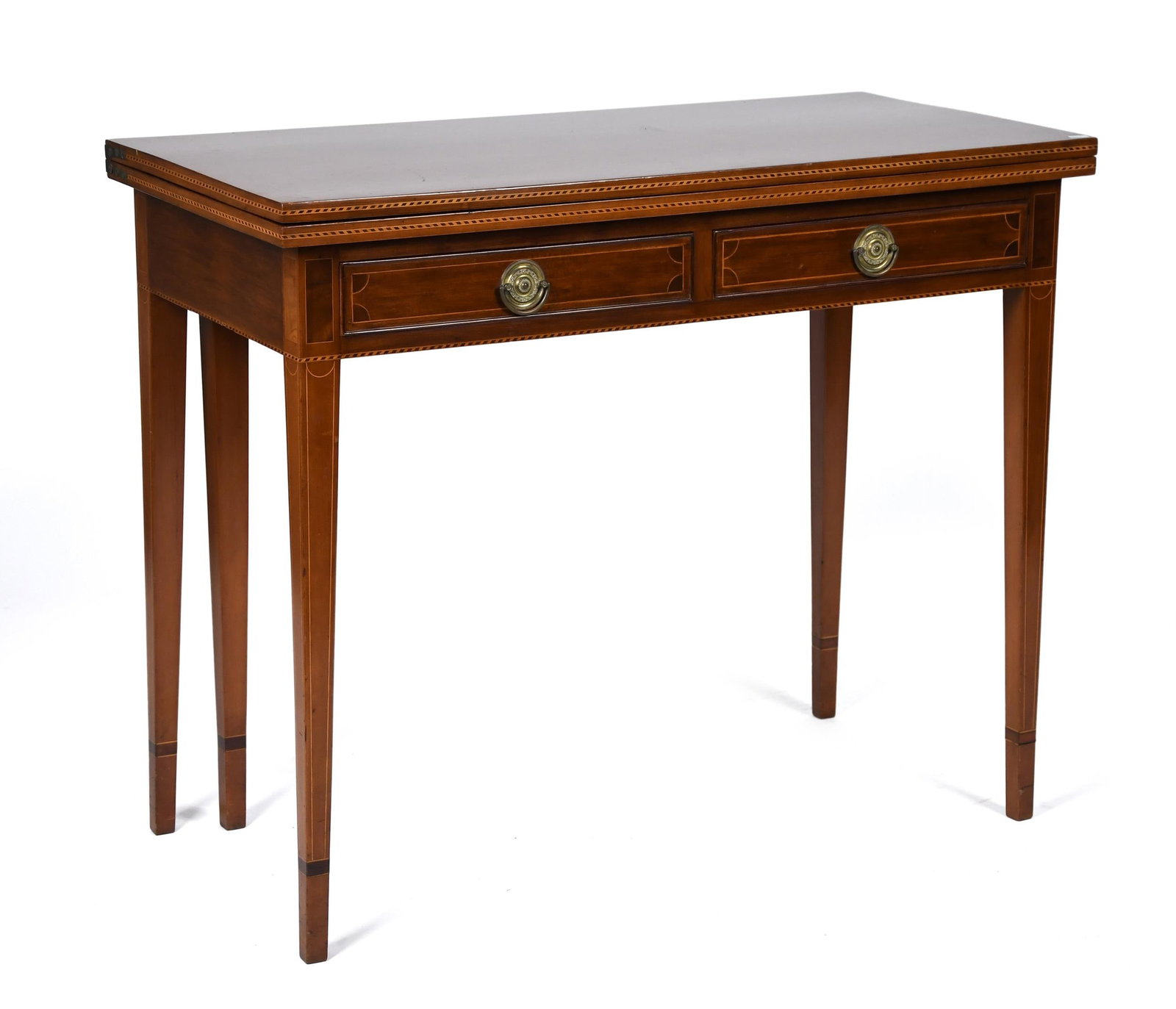 EARLY 19TH C. AMERICAN INLAID CHERRY CARD TABLE.: A ca. 1800 New England cherry card table with hinged rectangular top and candy cane inlay on edges, over apron with two inlaid drawers, fitted with period brass hardware, on high tapered inlaid legs. 