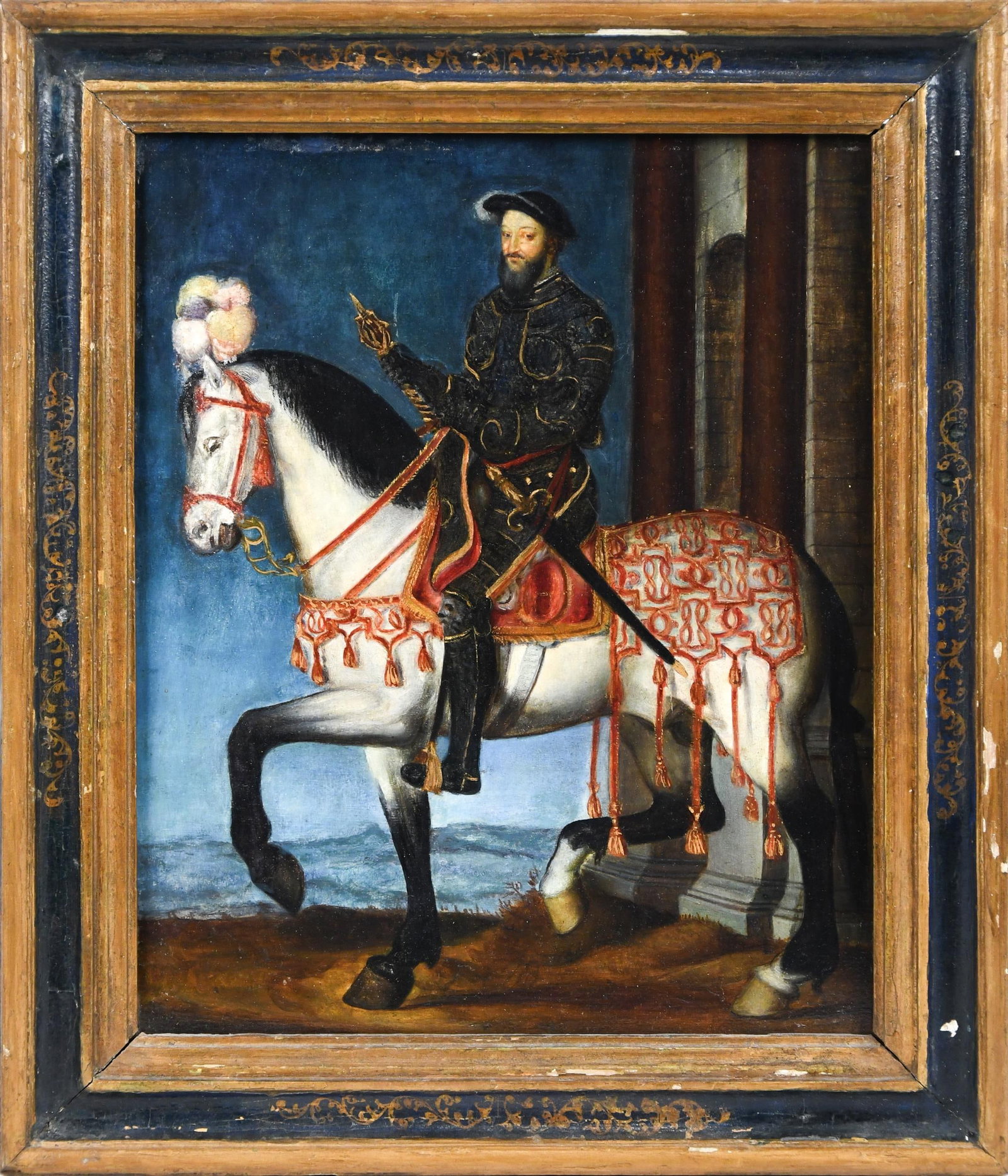 19TH C. OIL, FRANCIS I KING OF FRANCE ON HORSEBACK.: A good 19th C. oil on mahogany panel, after Francois Clouet, ‘Francis I, King of France’. Unsigned, with inscriptions on reverse. Image 11.5” x 9.5”, Frame 14.5” x 12.5&#