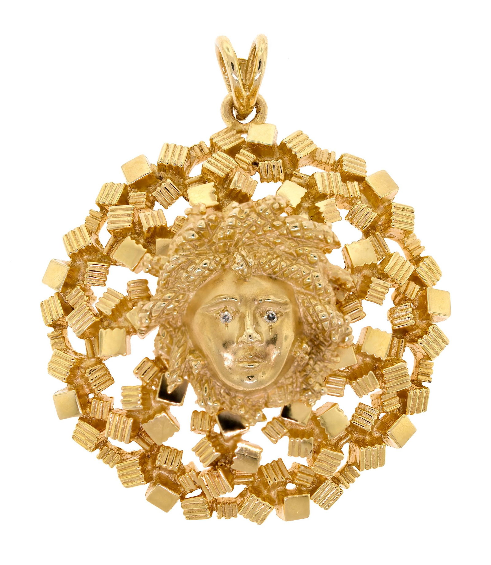 LA TRIOMPHE 14K GOLD & DIAMOND MEDUSA PENDANT.: A signed, La Triomphe, 14k yellow gold (stamped), Medusa pendant set with approx. .02 ct. tw., single cut diamonds of F-G color and VS clarity, 2 1/4 inch dia., 38.2 grams.